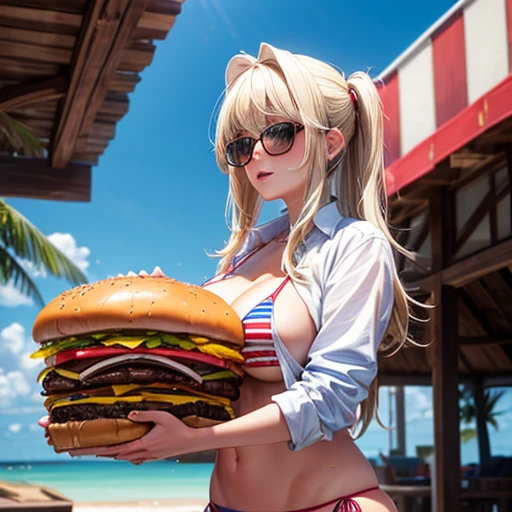American woman in bikini and shirt making oversized burger Blonde