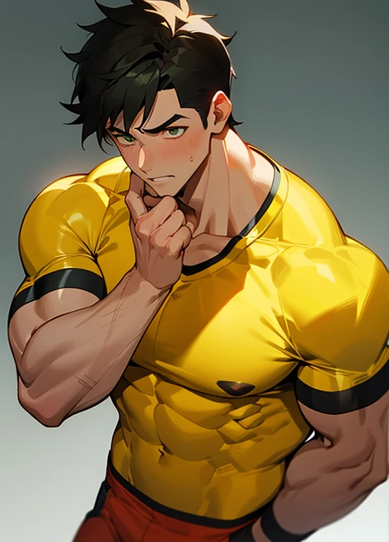 muscular male, bara, male focus, Yellow and black tight T-shirt, red shorts, huge pecs, muscular male, muscular, pectorals are oversized, alone, look to the side, short hair, stubble, black hair, green eyes, White background, simple background, amazing quality, best aesthetics, Ridiculous, short hair, bright pupils, open lips, Sweat, Awkward, blush, best quality