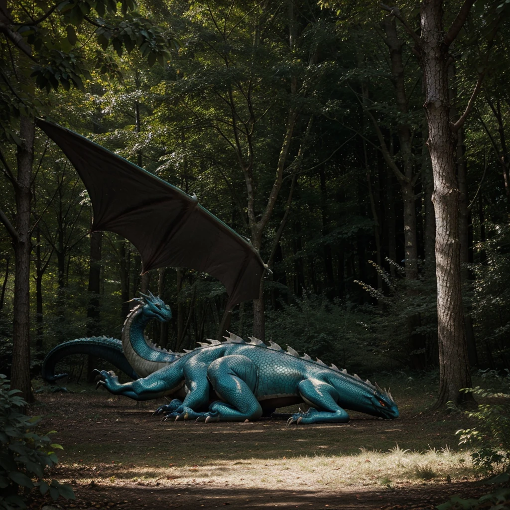 giant dragon, winged, majestic, ancestral blanco, lying in a forest enchanting with night glow