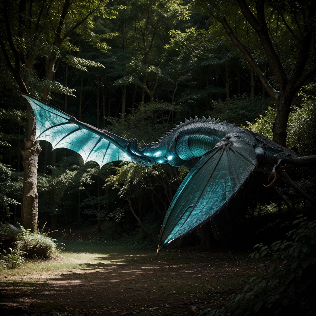 giant dragon, winged, majestic, ancestral blanco, lying in a forest enchanting with night glow