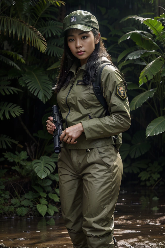 photorealistic、realistic skin texture、A beautiful Japanese woman belonging to the American military is in the jungle, rain forest, on guard、carrying Backpack、wearing military uniform, tactical puffer jacket、baseball cap、holding automatic rifle、bulletproof ves snowing、moving action pose、muddy boots