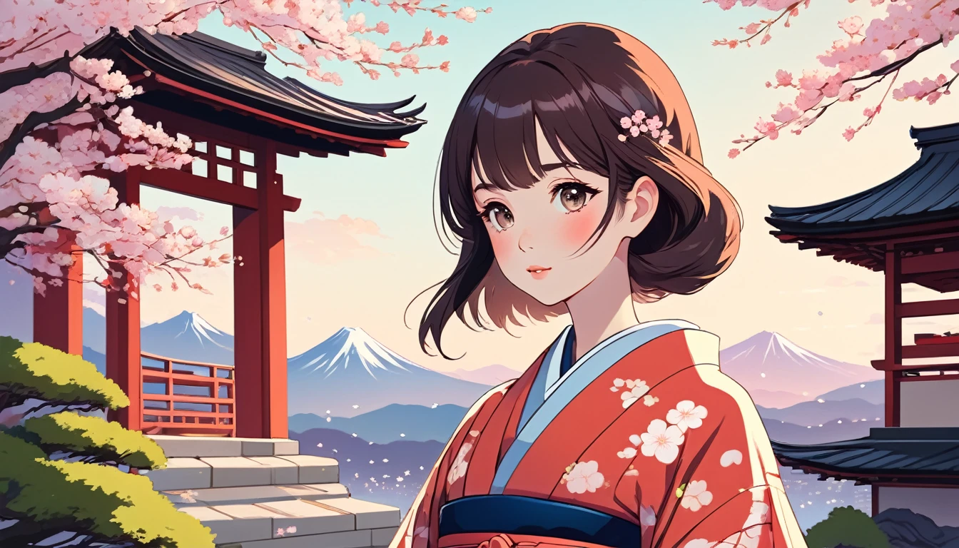 Woman in kimono,Japanese temple with cherry blossoms in the background、 Wide-angle lens, Lofi Anime, Lofi illustration, Aesthetic atmosphere, Lo-Fi Style, Vector art, Flat Design, Simple shape, Warm tones, Pleasant atmosphere, Chill, In anime style, Digital drawing, Vector art, Vector logo for t-shirt printing, (Adorable:1.5), (small:1.4), (Playful:1.2), (soft:1.3), (Whimsical:1.1), masterpiece, Highest quality, 8K, Intricate details, grow, Celestial, Mysterious, Picturesque, amazing, Majestic, Magic, Fantasy art, Cover art, dream-like