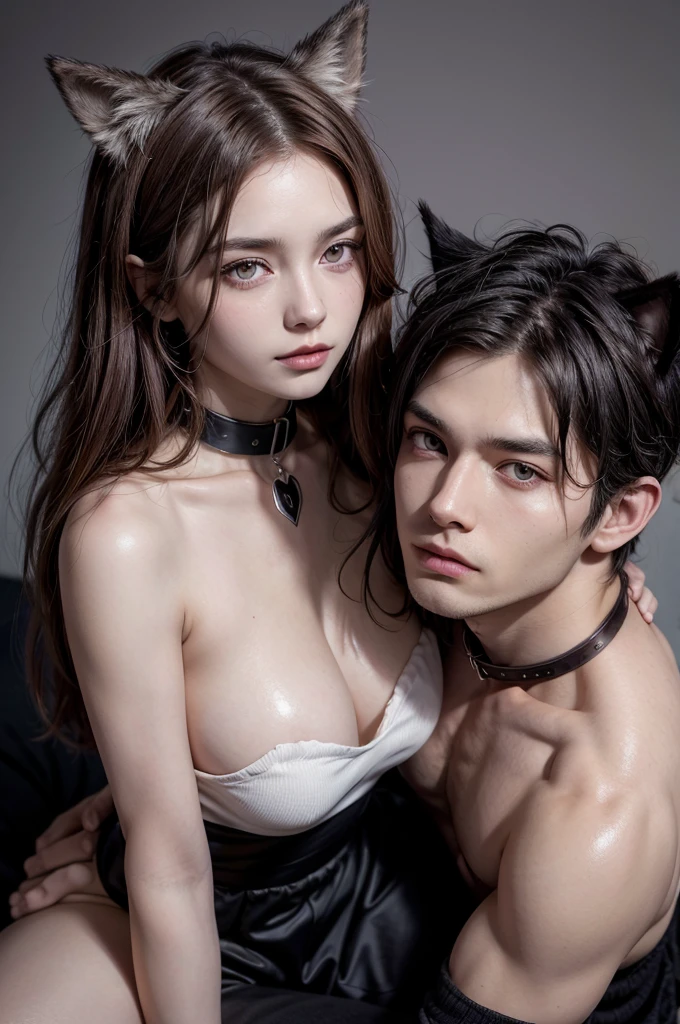 HD Details, full body close-up of a completely naked woman with a collar around her neck, Long, brown hair with reddish eyes and wolf ears on her head while sitting on the lap of a young man with purple eyes and a black mask, white hair and a defined chest with strong arms