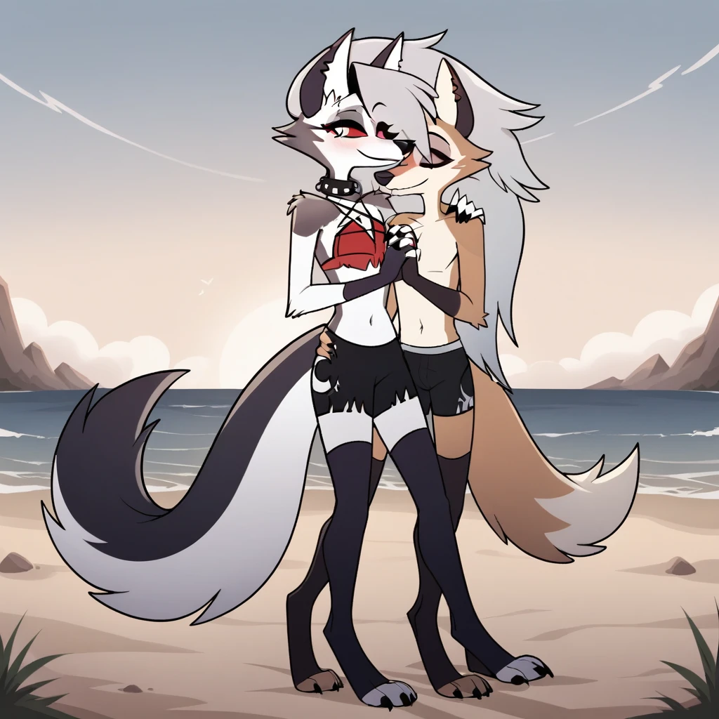 score_9, score_8_up, BREAK, source_anime, uncensored, perfect body, thick thighs, big breasts, red bikini, anthro, furry, pose, sexy, Loona, beach, 2 buff wolf guys with black fur and huge dicks, loona is having sex with both guys, loona is in cowgirl position, one guy is fucking loona's vagina and other guy is fucking loona's ass, double penetration, ahegao, nsfw