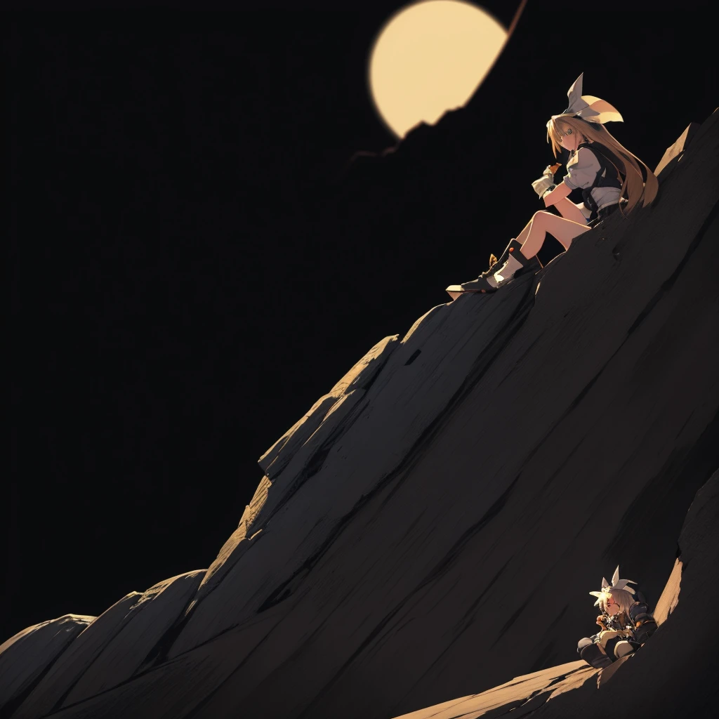 Bridget from guilty gear, sitting on a cliffside at night, looking at the camera