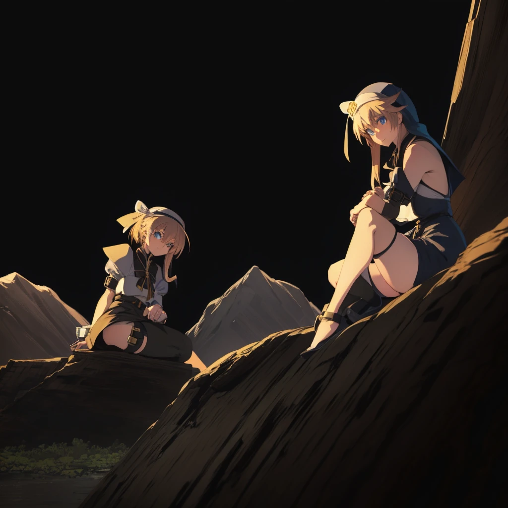 Bridget from guilty gear, sitting on a cliffside at night, looking at the camera