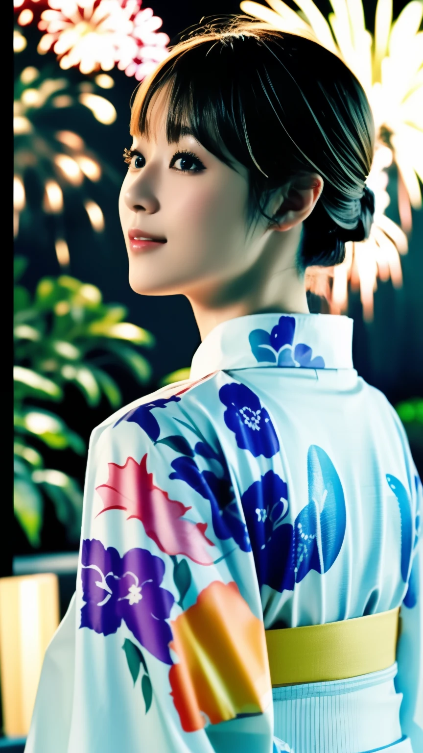 (((Carefully drawn with perfect anatomy))),(((The yukata is depicted perfectly and carefully, from the collar to the sleeves and hem.:1.6))),(((A huge 3-foot fireworks display in the night sky))),(((The people around me had their chins up and were engrossed in the fireworks.))),The explosion is amazing,Fireworks filling the night sky,Stunning beauty,Yukata photo shoot at the Tanabata festival at a large shrine,The collar of the yukata has been pushed back, revealing the white, sweaty nape of the neck.,Warm interior lighting,(Like a watercolor painting),(((The back view of Shiho, chin up, looking up at the fireworks in the spacious shrine grounds.))),(((With chin and eyebrows raised and a big smile on their faces, their eyes glued to the fireworks))),Happy Face,Sweaty neck,((A refreshing posture)),(((Fireworks and backup 4K full body shooting))),(((Her beautiful chestnut-colored bangs are pulled back in a slicked-back ponytail, revealing her cute forehead.:1.6))),One girl,A dignified smile,Chestnut brown eyes that even capture the light of the reflected fireworks,Black Hair,hair ornaments,An elegant posture with knees together,Inner thighs,The black-toned watercolor hydrangea patterned yukata with a simple sheer lame wrinkled heko obi (belt) looks great on her.,Bare feet and sandals,((Red lips)),compensate,Tassel,eye shadow,(Realisticなphoto),Enhances the contrast of light and shadow for the best nighttime scenery,Main Character,Very high depth of field,soft delicate beautiful attractive 顔,(Tabletop,high quality,最high quality),(Delicate eyes and face),Ray Tracing,CG Unity 4k Wallpaper,超A high resolution,Realistic:1.4),Attention to detail,Beauty condensed in 1girl,Beautiful brown hair,繊細でHigh noseを持つ美しい顔,Model-like long limbs and a tight waist,Boasting beautiful F-cup breasts,High nose,Clear chestnut eyes,Glossy lips,(((Expressing exceptionally beautiful women in photos))),