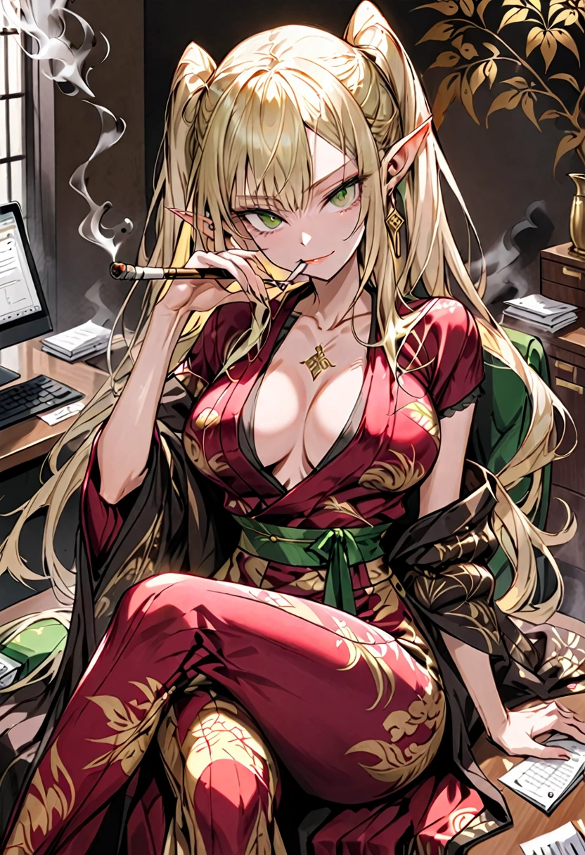 solo, female, bored, smoking pipe, gold and brown kimono, twin tails, blonde hair, long hair, green eyes, elf, pointed ears, large breasts, cleavage:0.4, jewelry, luxurious office, undershirt, earrings, smug, crossed legs, yukata