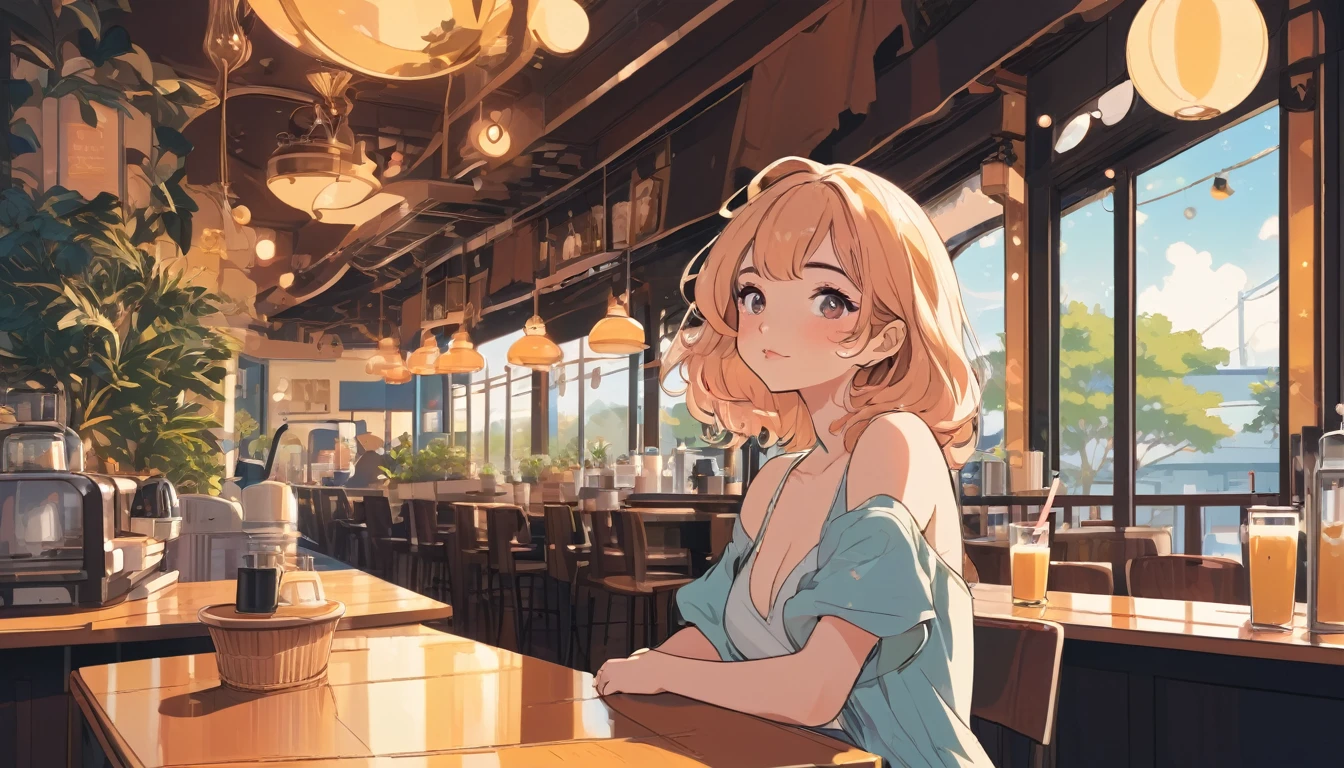 Sexy woman in a cafe、, Wide-angle lens, Lofi Anime, Lofi illustration, Aesthetic atmosphere, Lo-Fi Style, Vector art, Flat Design, Simple shape, Warm tones, Pleasant atmosphere, Chill, In anime style, Digital drawing, Vector art, Vector logo for t-shirt printing, (Adorable:1.5), (small:1.4), (Playful:1.2), (soft:1.3), (Whimsical:1.1), masterpiece, Highest quality, 8K, Intricate details, grow, Celestial, Mysterious, Picturesque, amazing, Majestic, Magic, Fantasy art, Cover art, dream-like