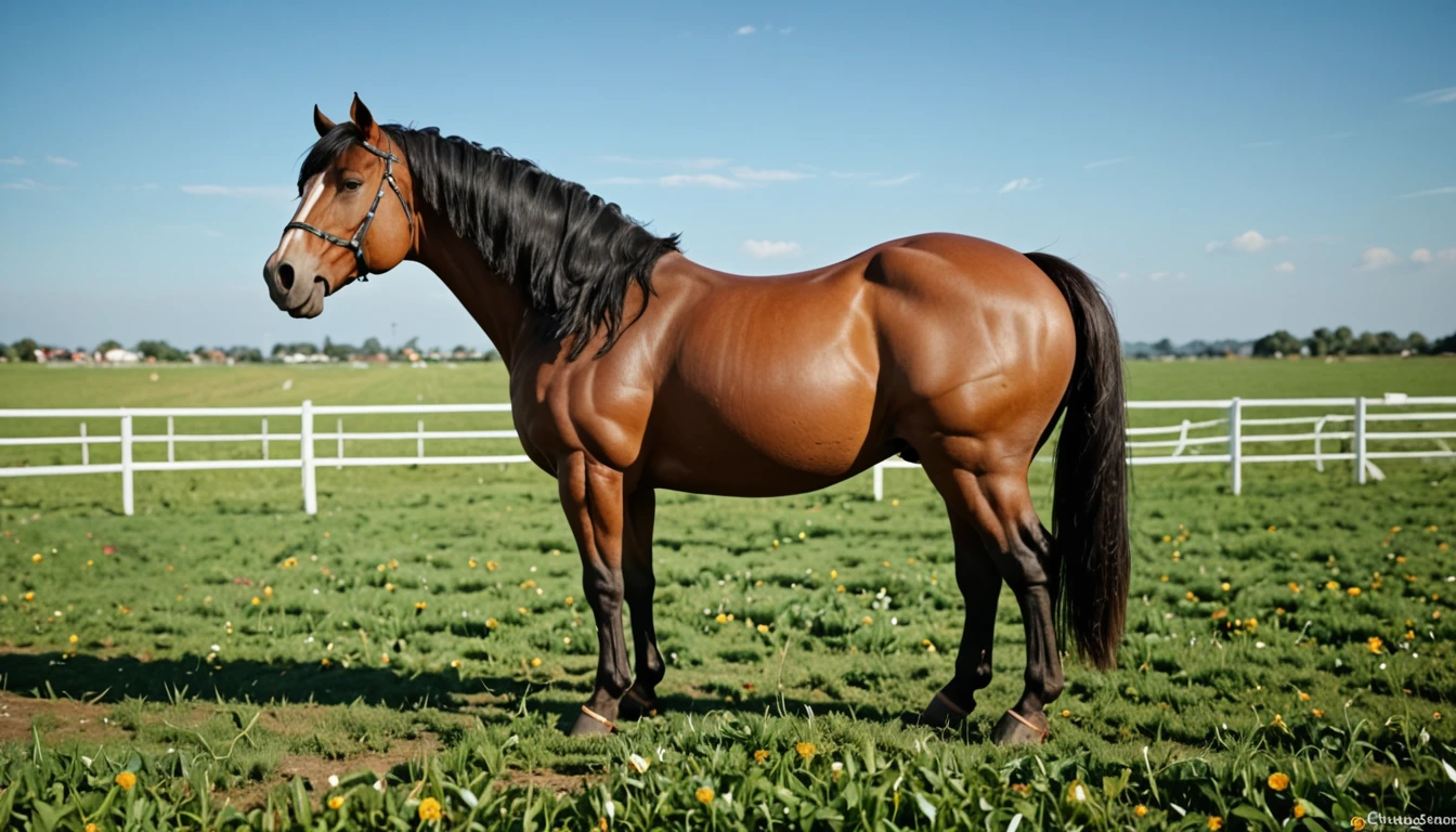 full rear view of a very huge fat  very hairy (1,200)  draft black horse stallion. 2 big lumps of horse excrement oozing out of  rectum (1,20) at the centre of a big bum.  huge  stream of light yellow  urine gushing out of tip of erect horse penis (20)  flooding (1,80) the ground under horse. facing away from view point - towards horizon. open rectum and anus in full view  tail to left side. ((masterpiece)), ((best quality)), ((highres)), ((extremely detailed)), (( long distance back view)), (super realistic) . anatomically correct.  open field. bright sunny sky. (head(1,10), body, legs, hooves,(2.5)). hairy horse. 5 very large  piles of horse dung around back of horse(1,20). horse ridden(1,5) by  a BBW African(1,5) woman