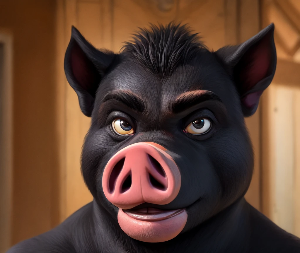 A very detailed photograph of a male PIG ,  , , looking in front of the camera, fuller body, utilizando um terphi preto, , , , with mischievous look, serious expression, phi 