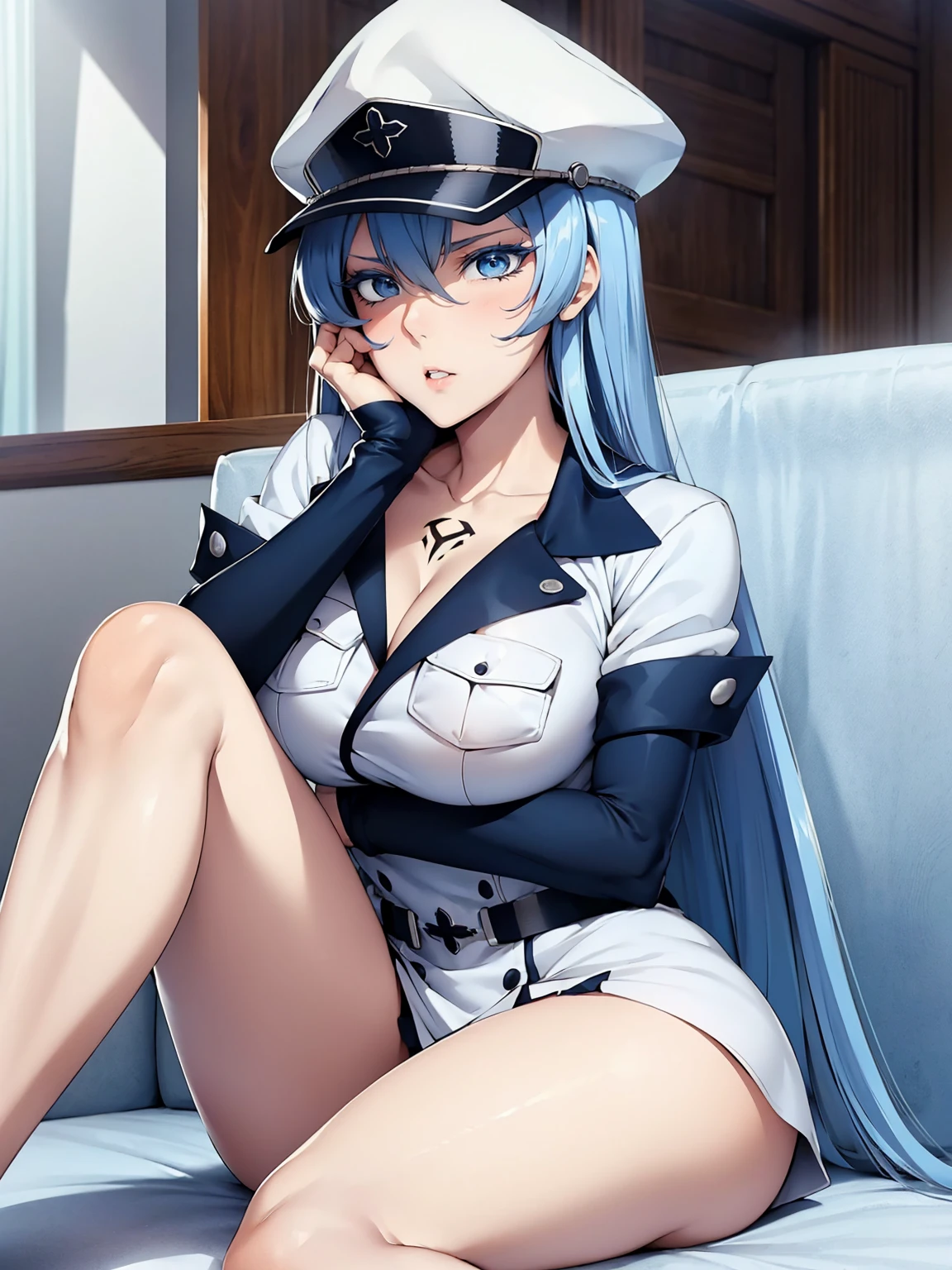 (artwork, best quality) a girl with long blue hair, blue eyes, blue eyelashes, white sailor suit with captain's hat, big breasts, perfect body, beautiful eyes, good waist, tattoo, bare legs, upset, (spectacular image), sitting on a sofa in a living room of a house