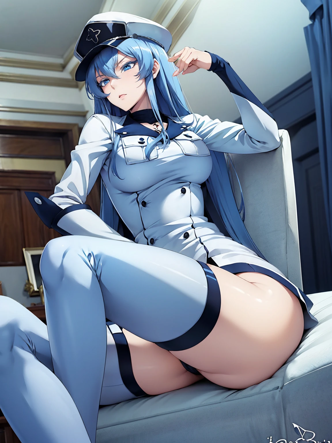 (artwork, best quality) a girl with long blue hair, blue eyes, blue eyelashes, white sailor suit with captain's hat, big breasts, perfect body, beautiful eyes, good waist, tattoo, bare legs, upset, (spectacular image), sitting on a sofa in a living room of a house