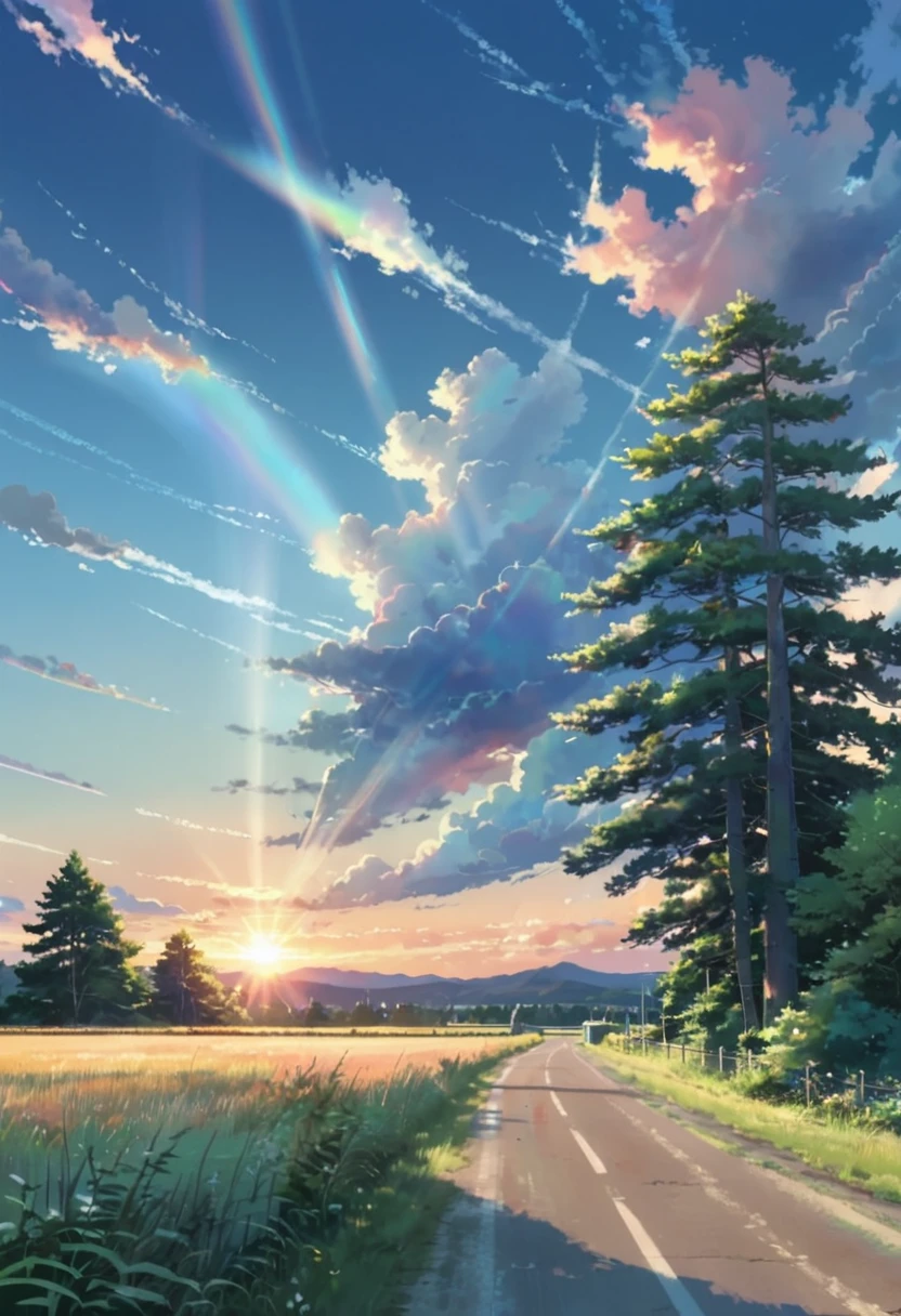 (Makoto Shinkai),Summer countryside, Midsummer, Iridescent clouds and trees, Sunset, High brightness, High saturation, High contrast, 8KHDR