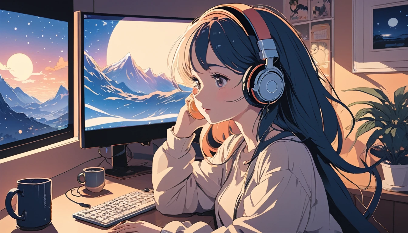 Sexy woman wearing headphones、Computer and mug on the desk, Wide-angle lens, Lofi Anime, Lofi illustration, Aesthetic atmosphere, Lo-Fi Style, Vector art, Flat Design, Simple shape, Warm tones, Pleasant atmosphere, Chill, In anime style, Digital drawing, Vector art, Vector logo for t-shirt printing, (Adorable:1.5), (small:1.4), (Playful:1.2), (soft:1.3), (Whimsical:1.1), masterpiece, Highest quality, 8K, Intricate details, grow, Celestial, Mysterious, Picturesque, amazing, Majestic, Magic, Fantasy art, Cover art, dream-like