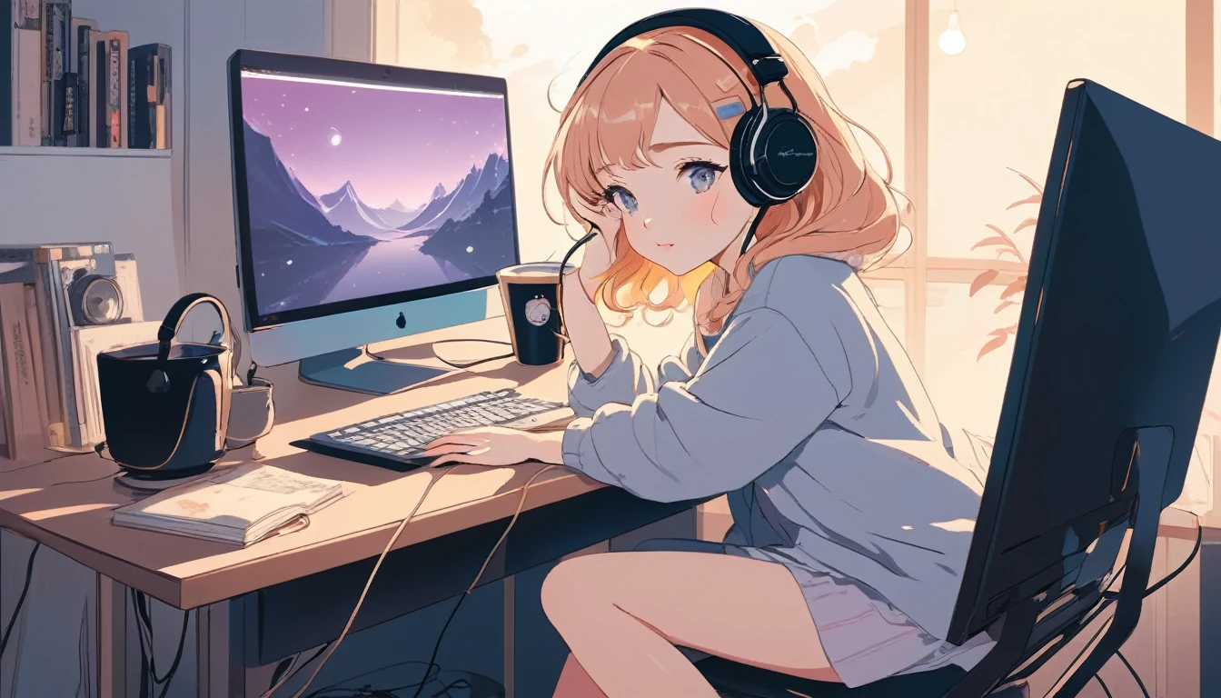 Sexy woman wearing headphones、Computer and mug on the desk, Wide-angle lens, Lofi Anime, Lofi illustration, Aesthetic atmosphere, Lo-Fi Style, Vector art, Flat Design, Simple shape, Warm tones, Pleasant atmosphere, Chill, In anime style, Digital drawing, Vector art, Vector logo for t-shirt printing, (Adorable:1.5), (small:1.4), (Playful:1.2), (soft:1.3), (Whimsical:1.1), masterpiece, Highest quality, 8K, Intricate details, grow, Celestial, Mysterious, Picturesque, amazing, Majestic, Magic, Fantasy art, Cover art, dream-like