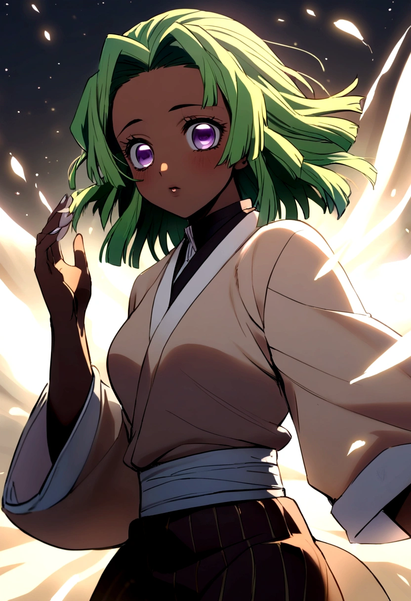 Chica estilo kimetsu no yaiba, green hair, purple eyes and brown skin