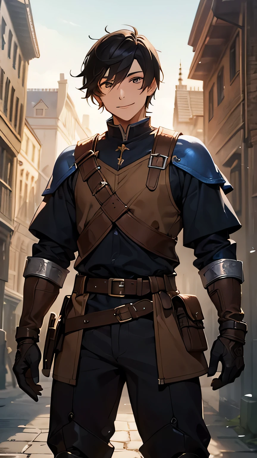 (Best quality, dynamic lighting, highly detailed, HDR) young man, short black hair, smiling, friendly, simple brown medieval outfit, blue fantasy outfit, adventurer outfit, belt, gloves and boots.