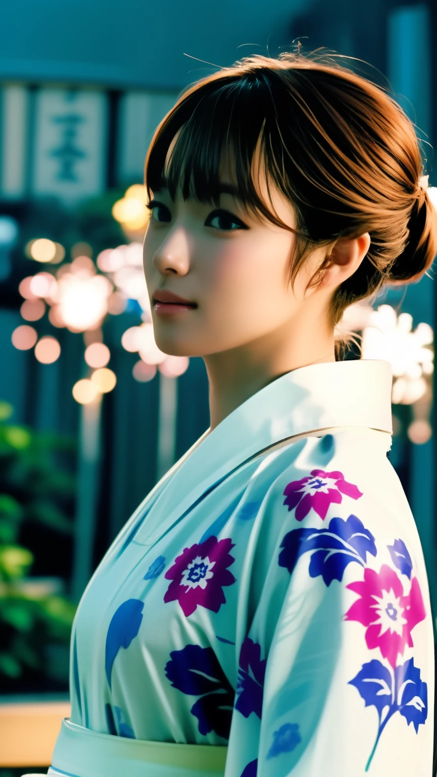 (((Carefully drawn with perfect anatomy))),(((The yukata is drawn perfectly and carefully, from the collar to the sleeves and hem, without any missing parts.:1.6))),(((A huge 3-foot fireworks display in the night sky))),(((The people around me were engrossed in the fireworks.))),The explosion is amazing,Fireworks filling the night sky,Stunning beauty,Yukata photo shoot at the Tanabata festival at a large shrine,The collar of the yukata has been pushed back, revealing the white, sweaty nape of the neck.,Warm interior lighting,(Like a watercolor painting),(((Profile of Shiho, chin raised, looking up at the fireworks in the spacious grounds of the shrine))),(((He is gazing at the fireworks with his eyebrows raised and the corners of his mouth turned up.))),Sweaty neck,((A refreshing posture)),4K full body shot with fireworks and face-up,(((Her beautiful chestnut-colored bangs are pulled back in a slicked-back ponytail, revealing her cute forehead.:1.6))),One girl,A dignified smile,Chestnut brown eyes that even capture the reflected light,Black Hair,hair ornaments,An elegant posture with knees together,Inner thighs,The black-toned watercolor hydrangea patterned yukata with a simple sheer lame wrinkled heko obi (belt) looks great on her.,Bare feet and sandals,((Red lips)),compensate,Tassel,eye shadow,(Realisticなphoto),Enhances the contrast of light and shadow for the best nighttime scenery,Main Character,Very high depth of field,soft delicate beautiful attractive 顔,(Tabletop,high quality,最high quality),(Delicate eyes and face),Ray Tracing,CG Unity 4k Wallpaper,超A high resolution,Realistic:1.4),Attention to detail,Beauty condensed in 1girl,Beautiful brown hair,繊細でHigh noseを持つ美しい顔,Model-like long limbs and a tight waist,Boasting beautiful F-cup breasts,High nose,Clear chestnut eyes,Glossy lips,(((Expressing exceptionally beautiful women in photos))),