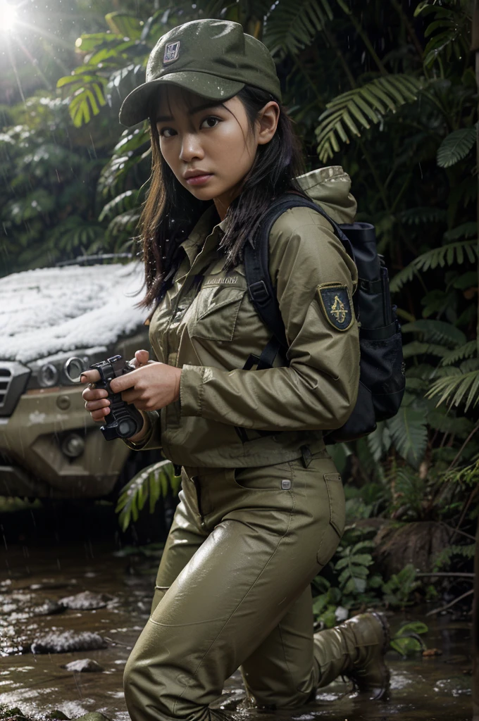 photorealistic、realistic skin texture、A beautiful Japanese woman belonging to the American military is in the jungle, rain forest, on guard、carrying Backpack、wearing military uniform, tactical puffer jacket、baseball cap、holding automatic rifle、bulletproof ves snowing、moving action pose、muddy boots, epic lighting