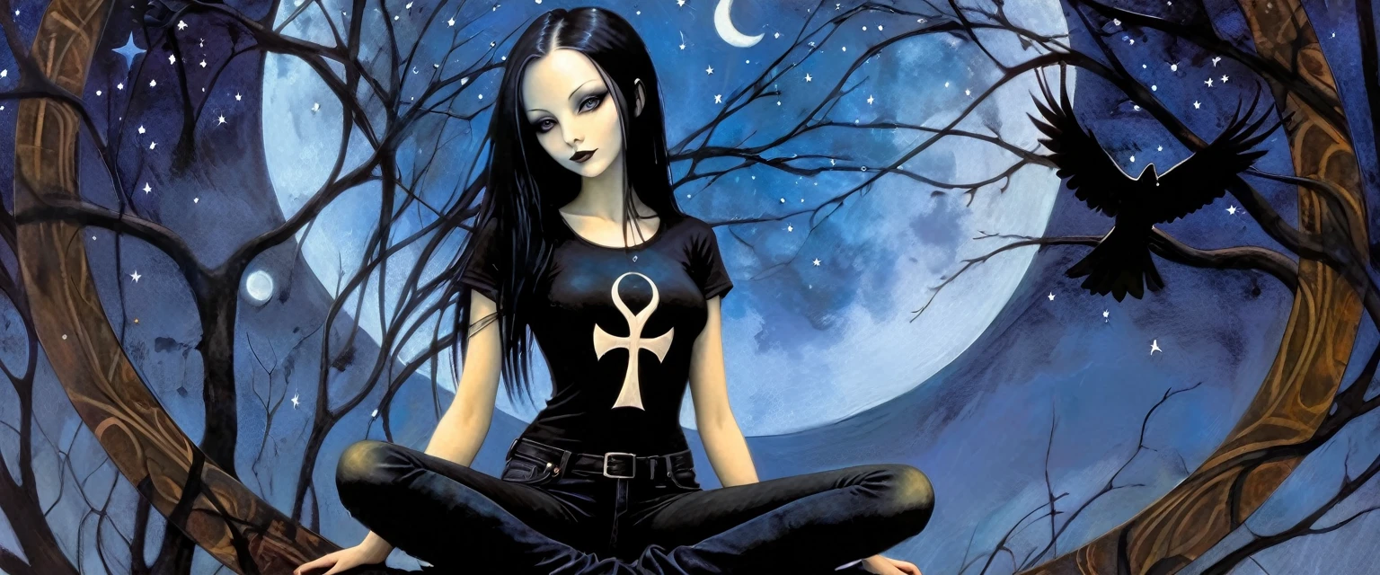 Sexy gothic girl, long black and straight hair, tight black t-shirt and jeans, small breasts, pale white skin tone, ankh symbol, a dark crow accompanies her, sitting under a tree with convoluted branches, magic, fantastic, night sky, moon , stars, background (simple oil painting in a Dave mcKean style)