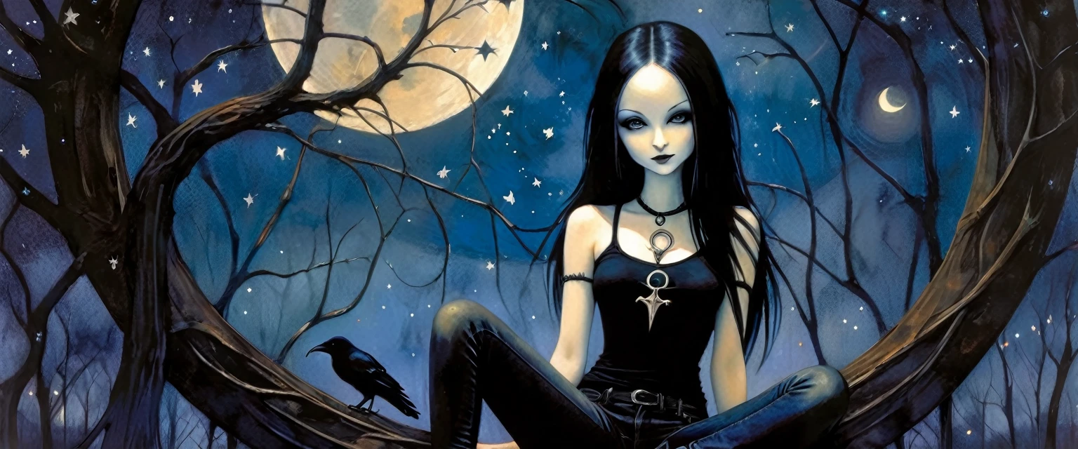 Sexy gothic girl, long black and straight hair, tight black t-shirt and jeans, small breasts, pale white skin tone, ankh symbol, a dark crow accompanies her, sitting under a tree with convoluted branches, magic, fantastic, night sky, moon , stars, background (simple oil painting in a Dave mcKean style)