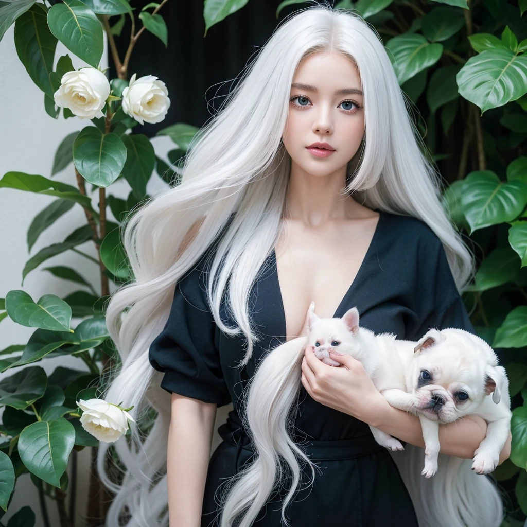 1 woman, White long curly hair,Natural and beautiful hair, clean and beautiful. White hair. Close lips. Blue natural eyes. Black clothes. Plantas. Bulldog frenchie pet, frenchie pet.