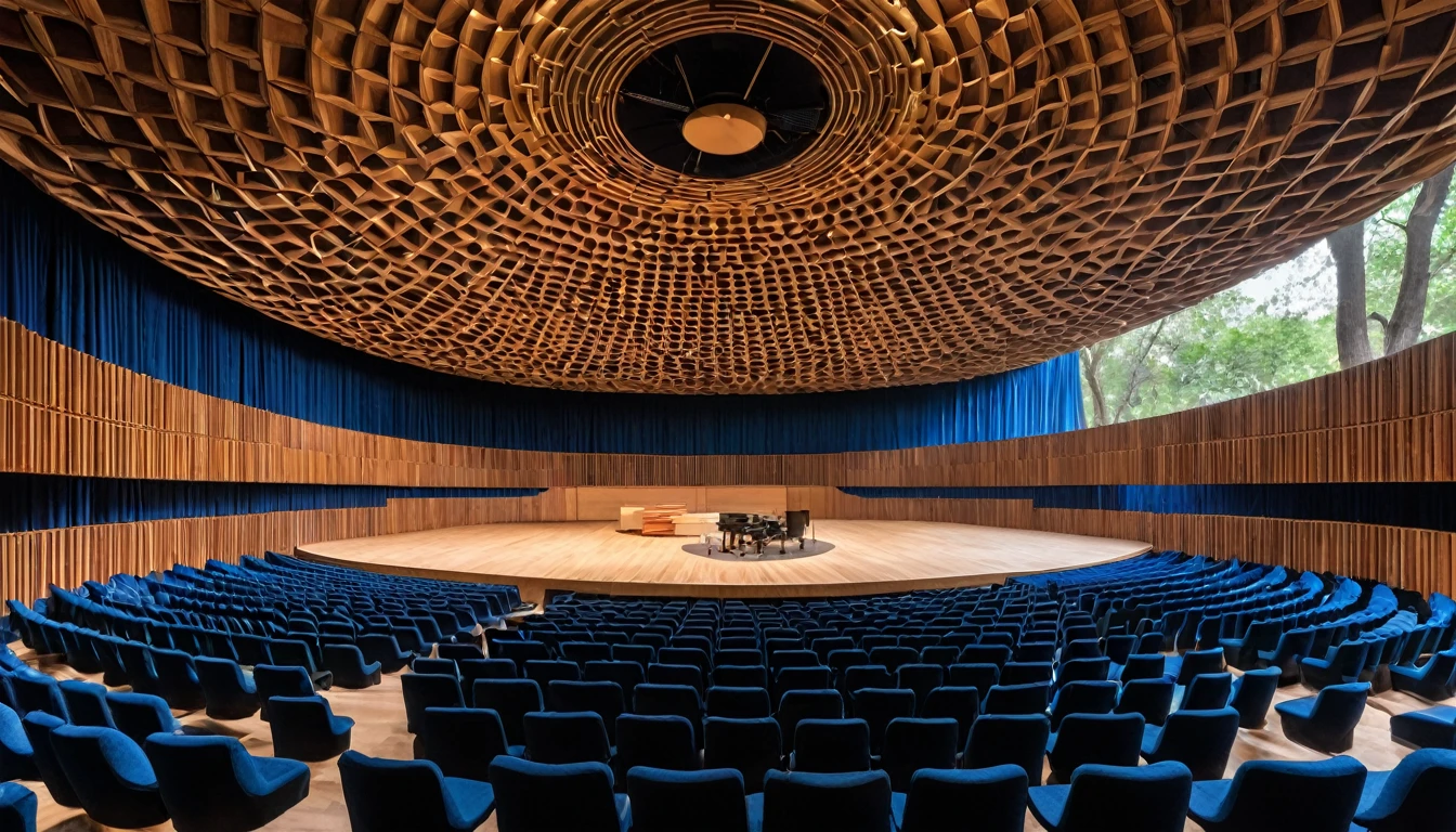 Description of the Theater’s Internal Environment:
The theater is a modern and welcoming space, with a unique configuration that places all seats in the center of the room, offering a perfect view of the 360º circular stage. The structure is predominantly made of wood, giving a feeling of warmth and tradition mixed with modern technology.
360º Stage: The central stage allows the audience to feel involved in all directions, creating an immersive experience for spectators.
Ambient Technology: The theater is equipped with advanced technology to enhance spectators' sensory experience. This includes effects such as subtle sprinkles that can be activated to simulate different atmospheric conditions, such as light fog to create a magical or dramatic atmosphere. Additionally, dynamic lighting systems and smoke effects are used to complement the ambience of each performance.
Decoration and Design: The seats are upholstered in deep blue, contrasting with the surrounding wooden environment. Ambient lighting is carefully designed to highlight the architectural details of the wooden structure, creating a warm and elegant atmosphere.
Acoustics and Sound: The theater's acoustics are adjusted to provide exceptional sound quality, ensuring that every word and musical note is clearly heard from anywhere in the room.
General Atmosphere: The environment is designed to be multifunctional, suitable for a variety of theatrical, musical performances, and special events, offering a unique and memorable experience for the public.