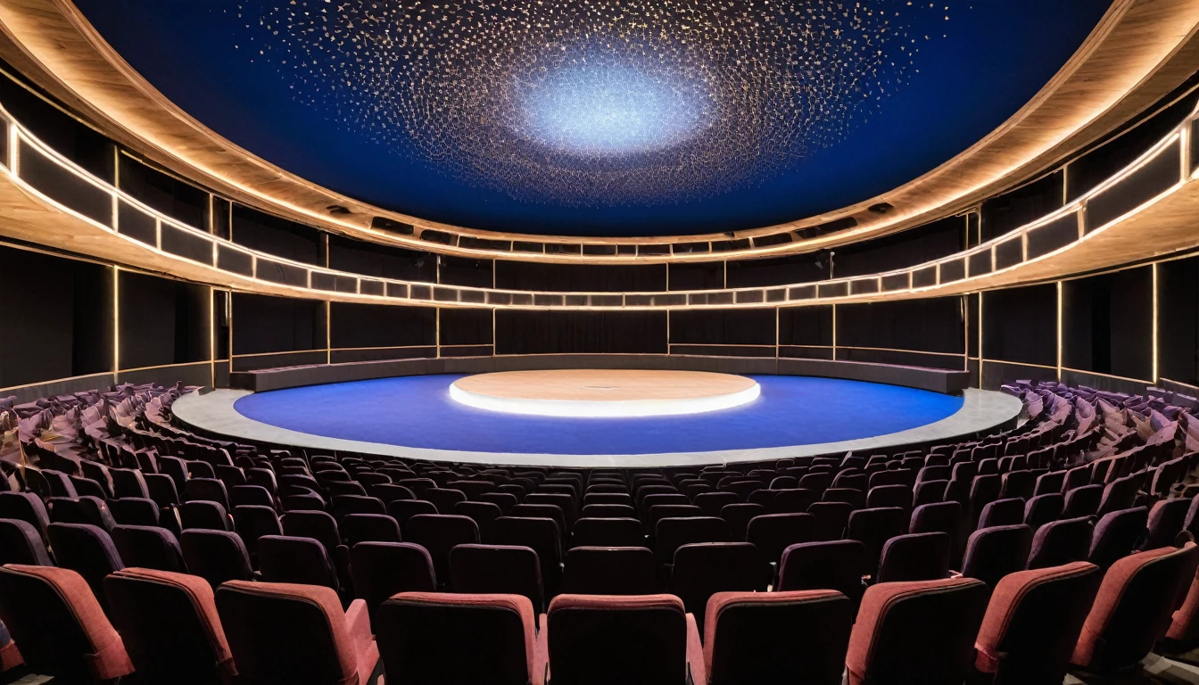 Description of the Theater’s Internal Environment:

The theater is a modern and welcoming space, with a unique configuration that places all seats in the center of the room, offering a perfect view of the 360º circular stage. The structure is predominantly made of wood, giving a feeling of warmth and tradition mixed with modern technology.

360º Stage: The central stage allows the audience to feel involved in all directions, creating an immersive experience for spectators.

Ambient Technology: The theater is equipped with advanced technology to enhance spectators' sensory experience. This includes effects such as subtle sprinkles that can be activated to simulate different atmospheric conditions, such as light fog to create a magical or dramatic atmosphere. Additionally, dynamic lighting systems and smoke effects are used to complement the ambience of each performance.

Decoration and Design: The seats are upholstered in deep blue, contrasting with the surrounding wooden environment. Ambient lighting is carefully designed to highlight the architectural details of the wooden structure, creating a warm and elegant atmosphere.

Acoustics and Sound: The theater's acoustics are adjusted to provide exceptional sound quality, ensuring that every word and musical note is clearly heard from anywhere in the room.

General Atmosphere: The environment is designed to be multifunctional, suitable for a variety of theatrical, musical performances, and special events, offering a unique and memorable experience for the public.