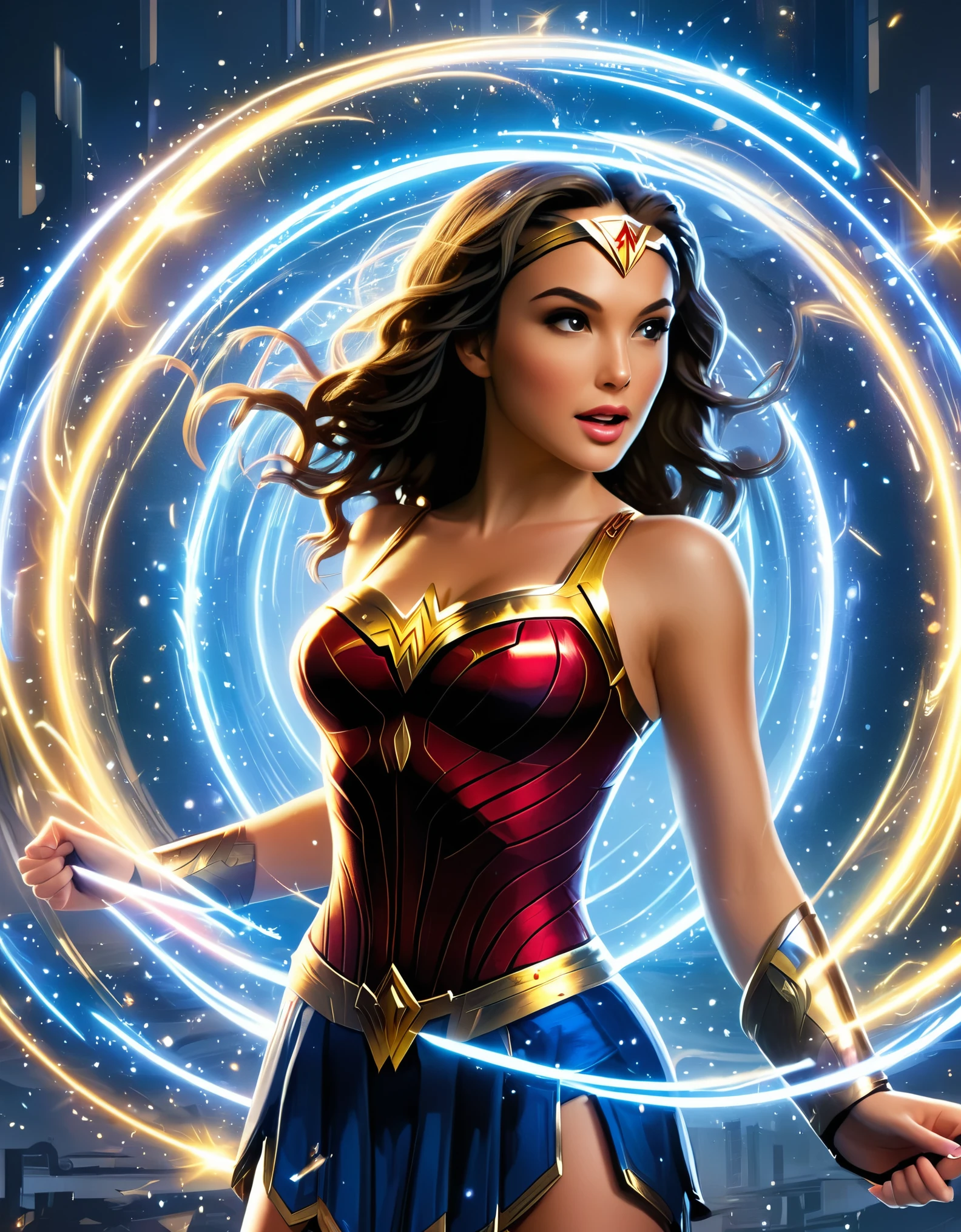Capture the dynamic energy of Wonder Woman in a state of flux, with multiple iterations in motion, creating a visually dynamic and captivating composition within Plex.