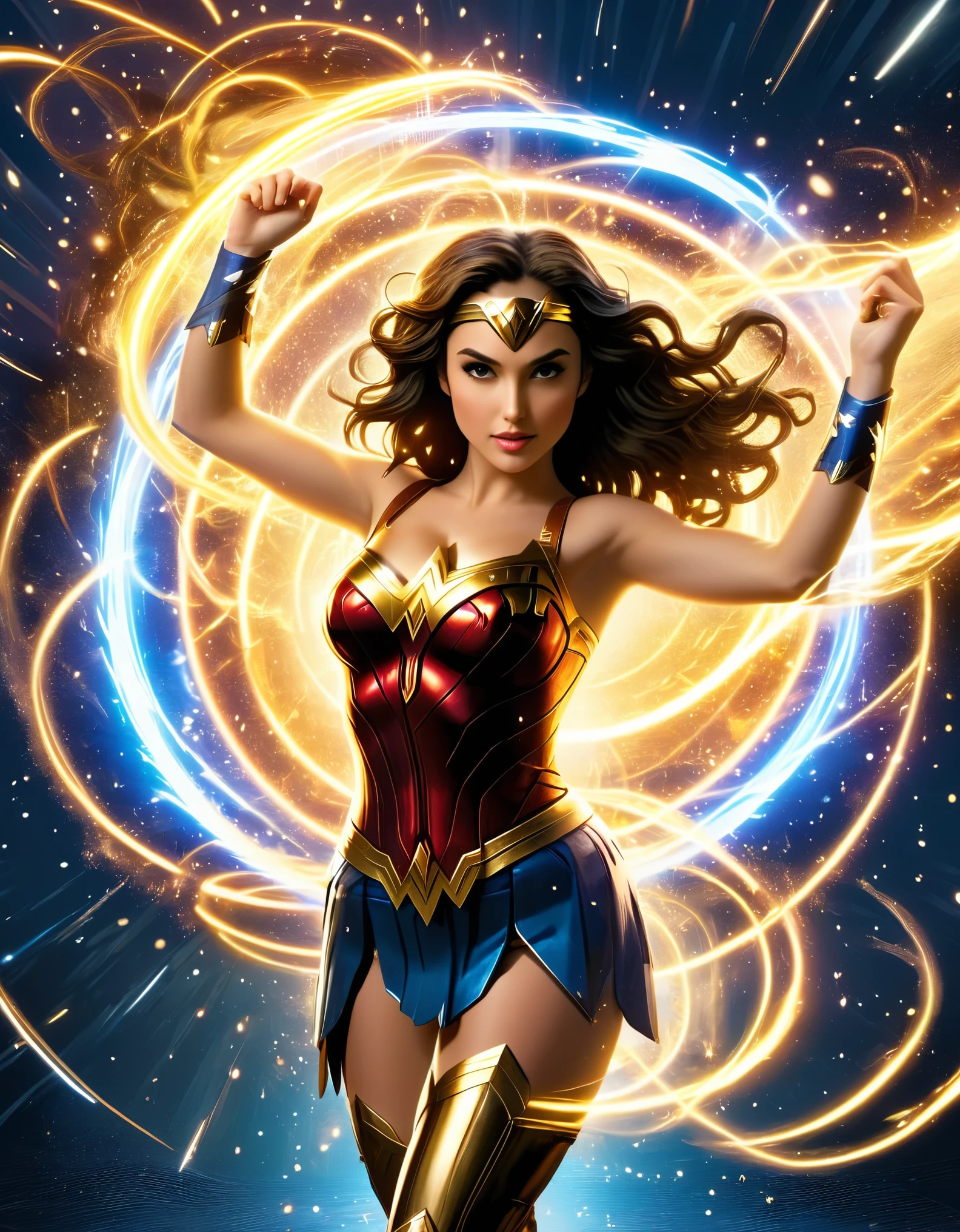 Capture the dynamic energy of Wonder Woman in a state of flux, with multiple iterations in motion, creating a visually dynamic and captivating composition within Plex.