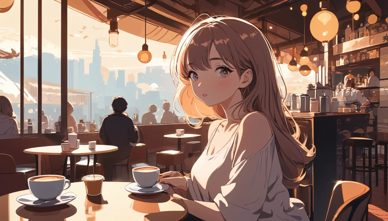 Sexy woman in a cafe、, Wide-angle lens, Lofi Anime, Lofi illustration, Aesthetic atmosphere, Lo-Fi Style, Vector art, Flat Design, Simple shape, Warm tones, Pleasant atmosphere, Chill, In anime style, Digital drawing, Vector art, Vector logo for t-shirt printing, (Adorable:1.5), (small:1.4), (Playful:1.2), (soft:1.3), (Whimsical:1.1), masterpiece, Highest quality, 8K, Intricate details, grow, Celestial, Mysterious, Picturesque, amazing, Majestic, Magic, Fantasy art, Cover art, dream-like