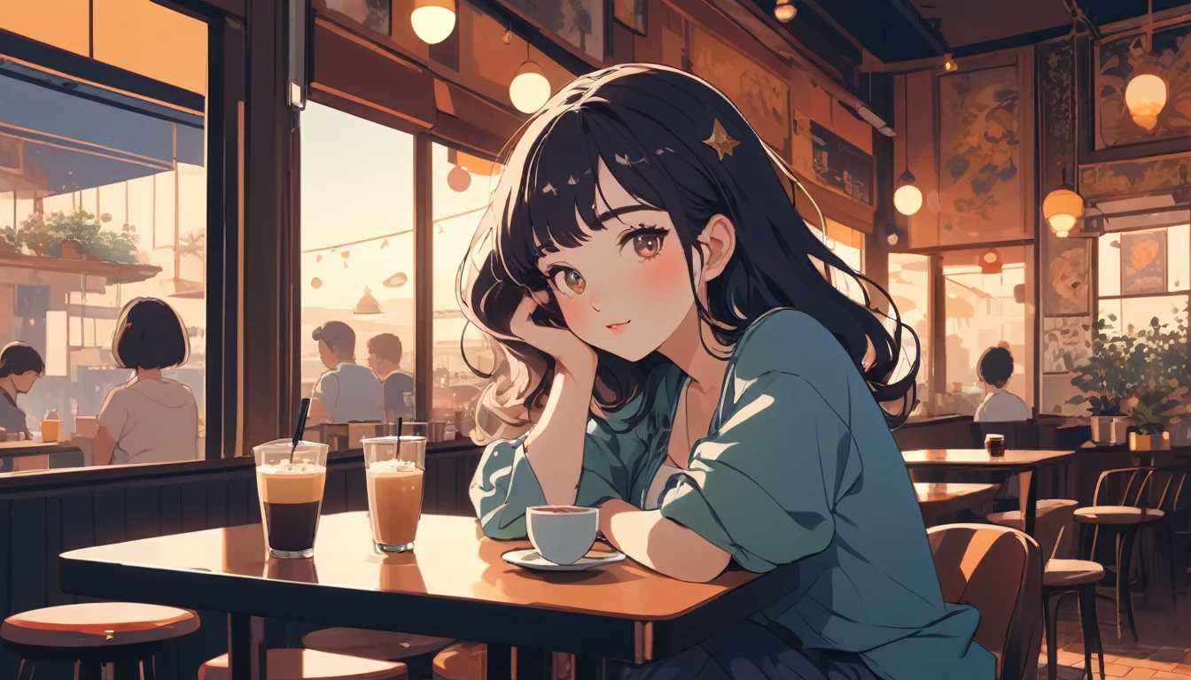 Sexy woman in a cafe、, Wide-angle lens, Lofi Anime, Lofi illustration, Aesthetic atmosphere, Lo-Fi Style, Vector art, Flat Design, Simple shape, Warm tones, Pleasant atmosphere, Chill, In anime style, Digital drawing, Vector art, Vector logo for t-shirt printing, (Adorable:1.5), (small:1.4), (Playful:1.2), (soft:1.3), (Whimsical:1.1), masterpiece, Highest quality, 8K, Intricate details, grow, Celestial, Mysterious, Picturesque, amazing, Majestic, Magic, Fantasy art, Cover art, dream-like