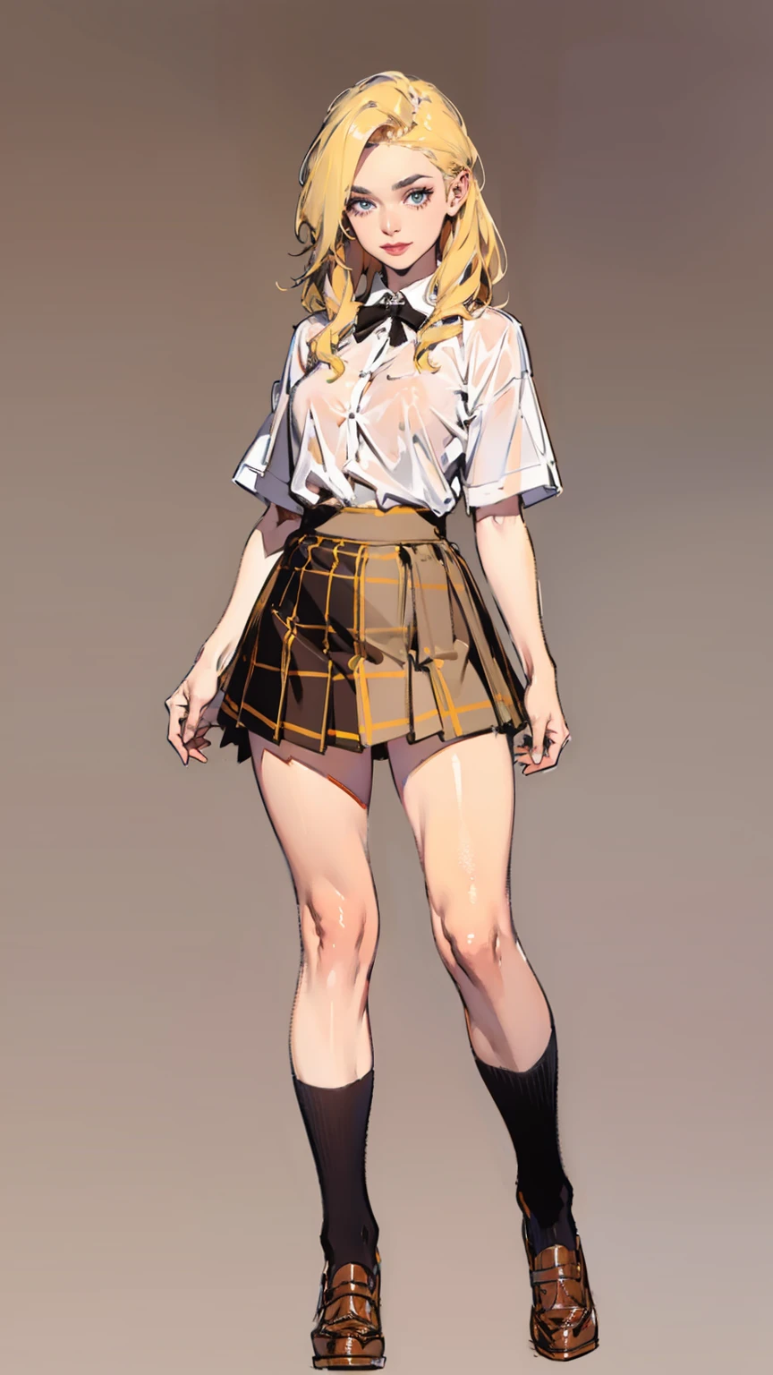 ((best quality,4k,highres,masterpiece:1.2)),((character concept art)), 1 female, age female, 15-year-old Asian beauty queen, ((blonde shoulder-length hair)), bleached hair, (tan skin colour), ultra finely detailed eyes (brown eyes colour), confident, beautiful, , slim body build, ((intricate detail)), super finely detailed hands, ultra finely detailed fingers(((ten fingers))), wearing cropped white short sleeves school shirt with loosened bowtie, plaid mini school skirt, thigh-high school socks, and black school loafers, (standing provocatively), (full body showcase), (show full body), (no logos on background), (no logo), ((plain background)), ((plain background)), (((empty background)))