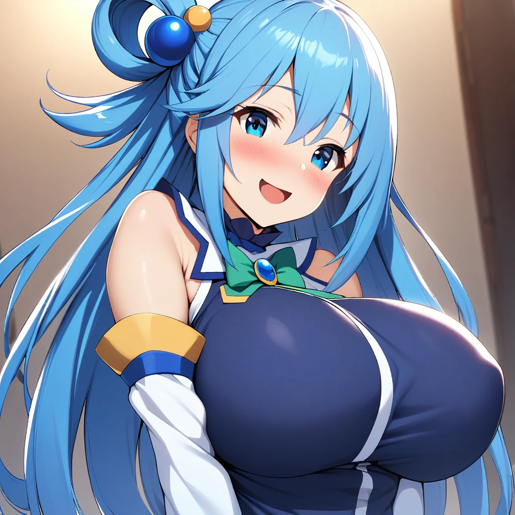 aqua(konosuba),1girl,solo,long hair,open mouth,smile,upper body,blue hair, blue eyes, detached sleeves,Large blue sphere hair ornament,bare shoulders,single hair ring,green ribbon,blue shirt,Females in heat,blush,super huge breasts,slender,looking at viewer,near,bar 