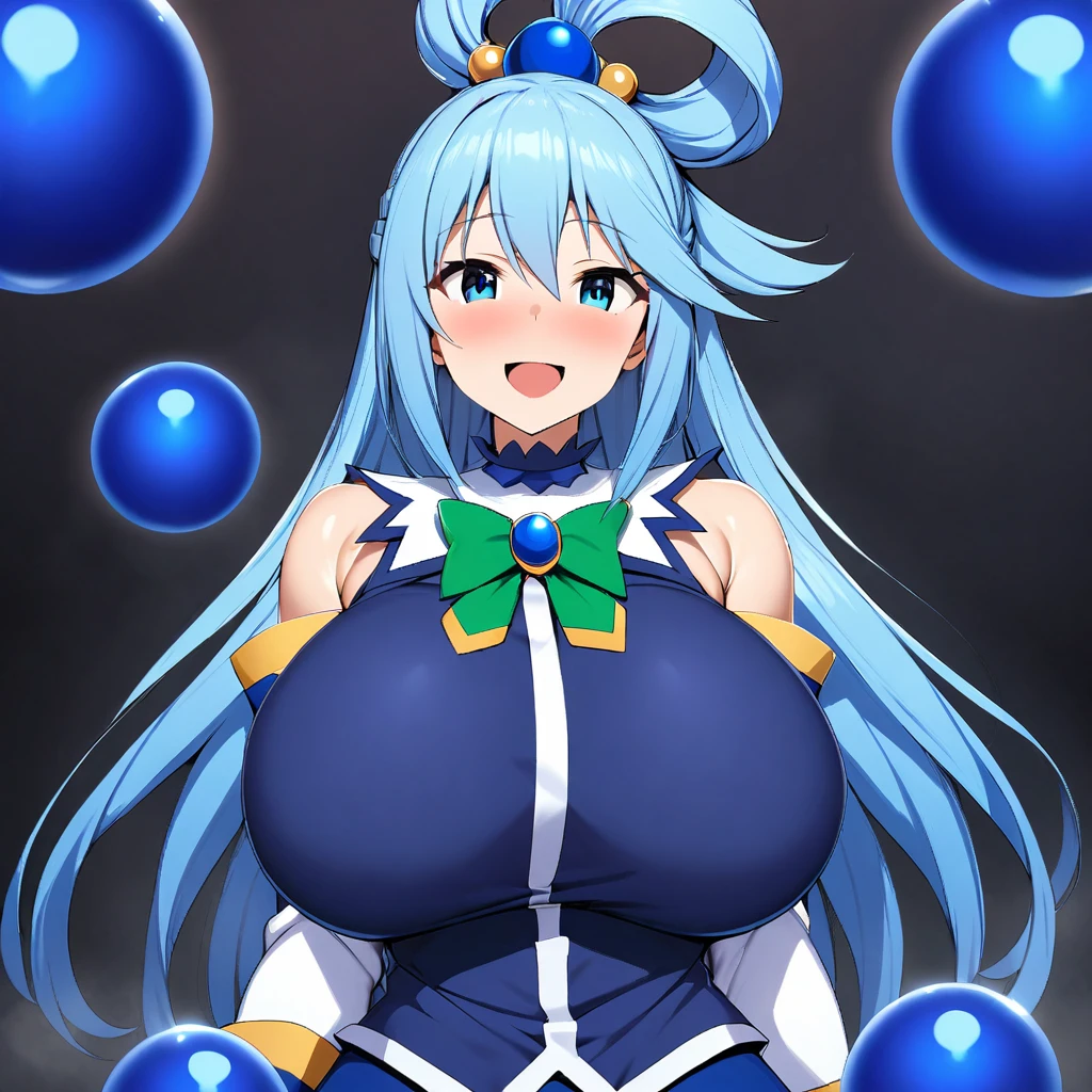 aqua(konosuba),1girl,solo,long hair,open mouth,smile,upper body,blue hair, blue eyes, detached sleeves,Large blue sphere hair ornament,bare shoulders,single hair ring,green ribbon,blue shirt,Females in heat,blush,super huge breasts,slender,looking at viewer,near,bar