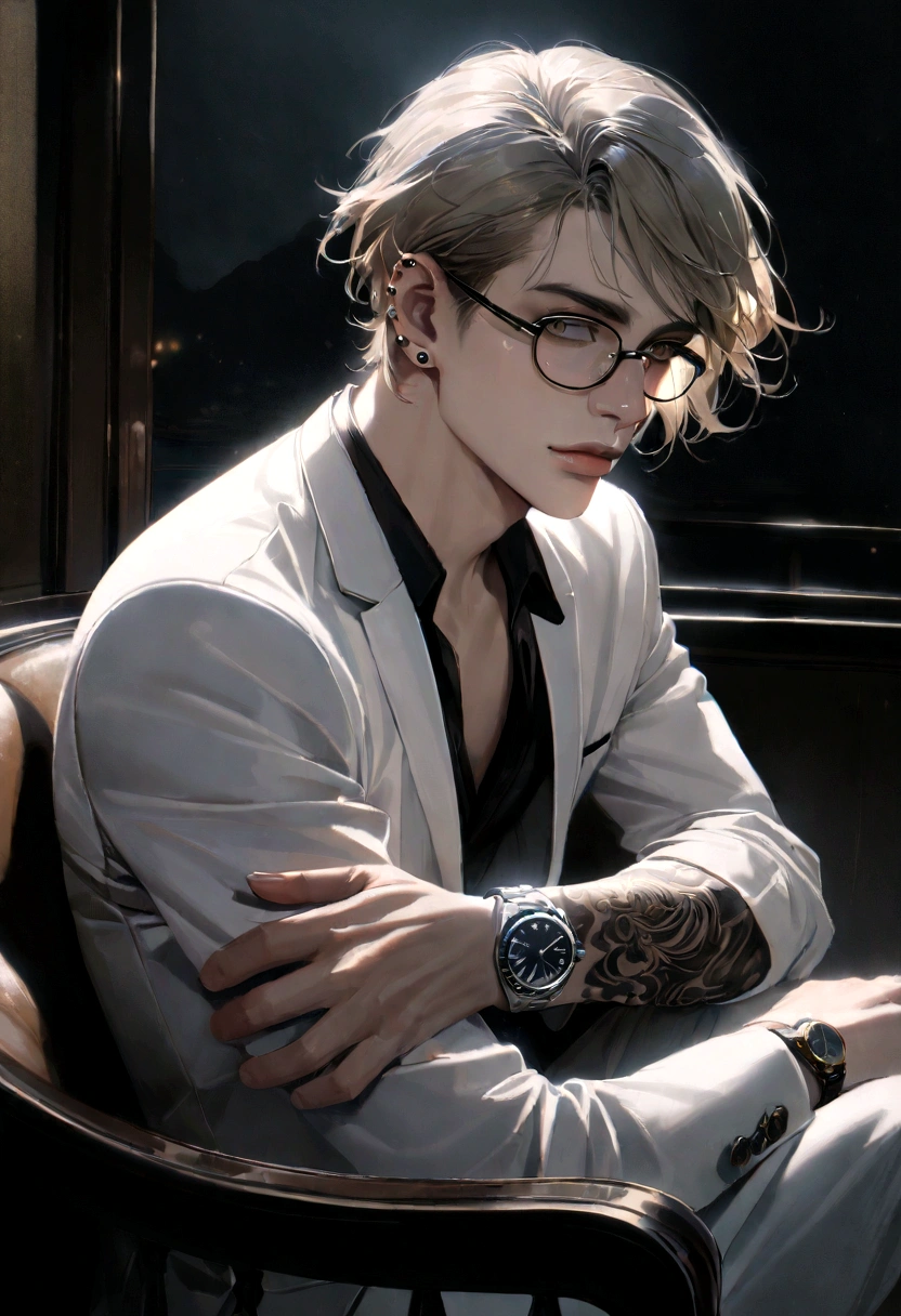 1 man, 20 years old, brown light hair, White skin, light skin, olive green eyes, sitting in a white armchair on a balcony, dressed in white, elegant, with glasses, lip piercings, tattoos on his arms, a rolex watch on his wrist overlooking the night sea, moonlight illuminating the sea, detailed face, highly detailed, photorealistic, 8k, studio lighting, cinematic, dramatic lighting, moody atmosphere, serene, peaceful, captivating, award winning, masterpiece