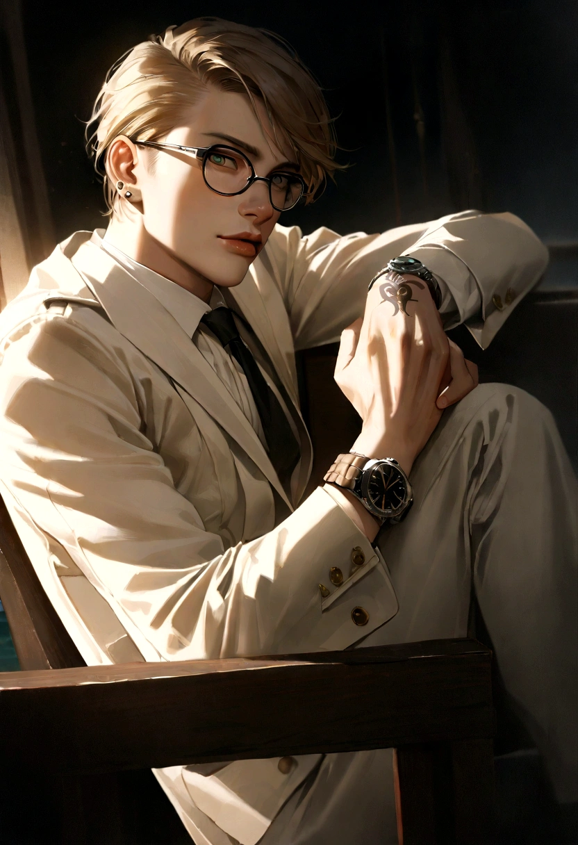 1 man, 20 years old, brown light hair, White skin, light skin, olive green eyes, sitting in a white armchair on a balcony, dressed in white, elegant, with glasses, lip piercings, tattoos on his arms, a rolex watch on his wrist overlooking the night sea, moonlight illuminating the sea, detailed face, highly detailed, photorealistic, 8k, studio lighting, cinematic, dramatic lighting, moody atmosphere, serene, peaceful, captivating, award winning, masterpiece