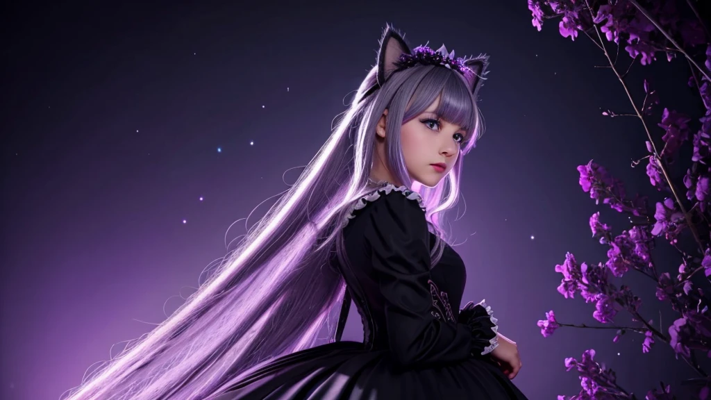 The work of a hyperrealist artist, Her details are lovingly painted,1 female, mature beautiful woman,alone, ウェーブのかかった長いgray hair, gray hair, bangs,fluffy hair,white cat ears,Odd-eyed purple and pink eyes, long eyelashes, thick eyelashes, closed mouth,Gothic ****ta fashion based on noble black、gothic dress,gorgeous dress, (long sleeve:1.2),Delicate lace and ribbon、elegant decoration、A black bonnet and a purple rose on my head,whole body,particles of light, soft lighting, volume lighting, intricate details, finely, dramatic, cinematic, highest quality, masterpiece, looking at the viewer, The background is a purple bright wallpaper with a moon, Abundant light,rays of moonlight,from behind,
