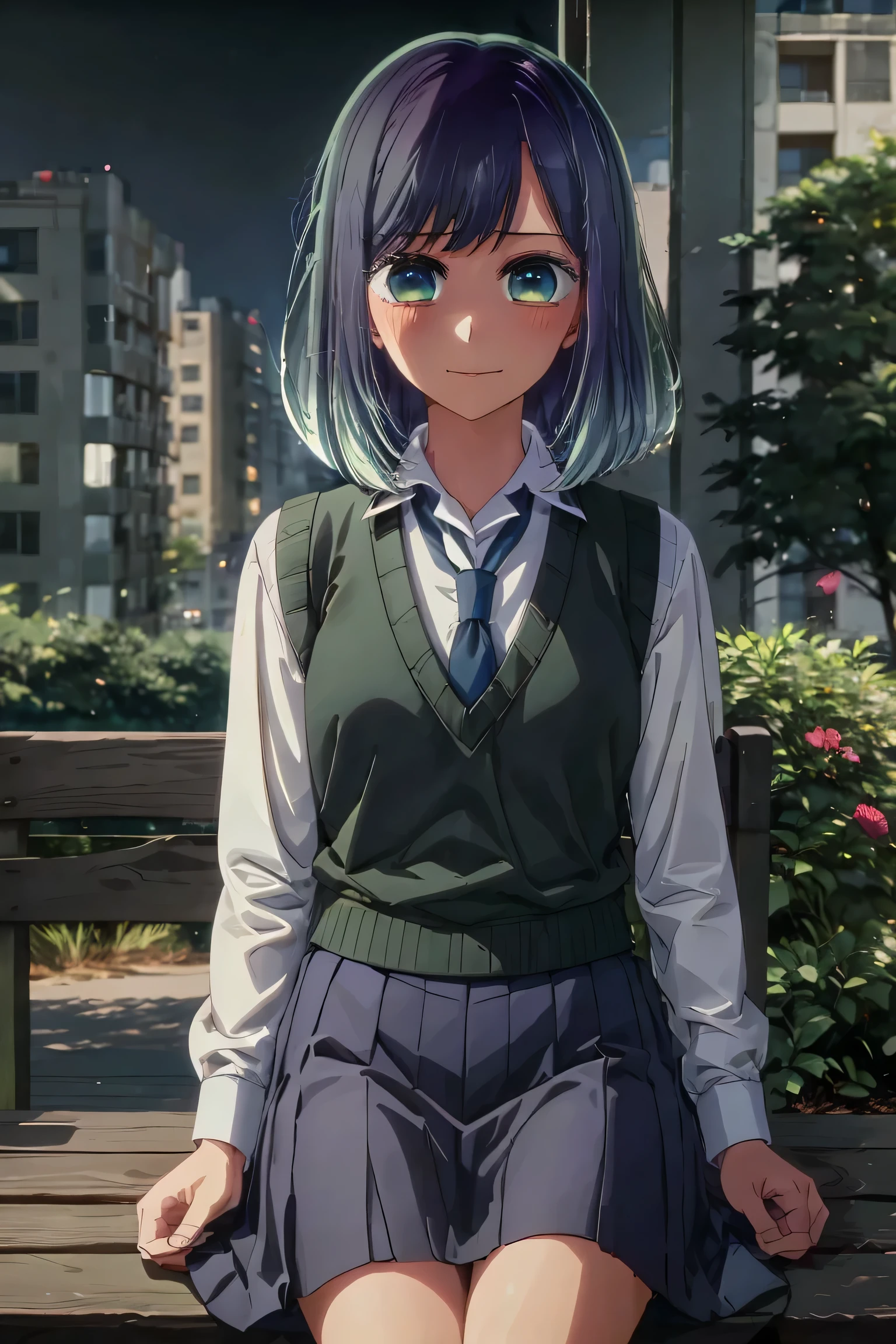 best quality, masterpiece, 1 girl, alone, detailed eyes, very cheerful, very blushing, tie, shirt, blue tie, blue hair, white shirt, long sleeves, medium hair, collared shirt, vest, indoors, bangs, vest , green eyes, multicolored hair, black vest, short hair, bleached hair, blue eyes, skirt, night, flower park background, sitting on a bench, leaning on the back of the bench,