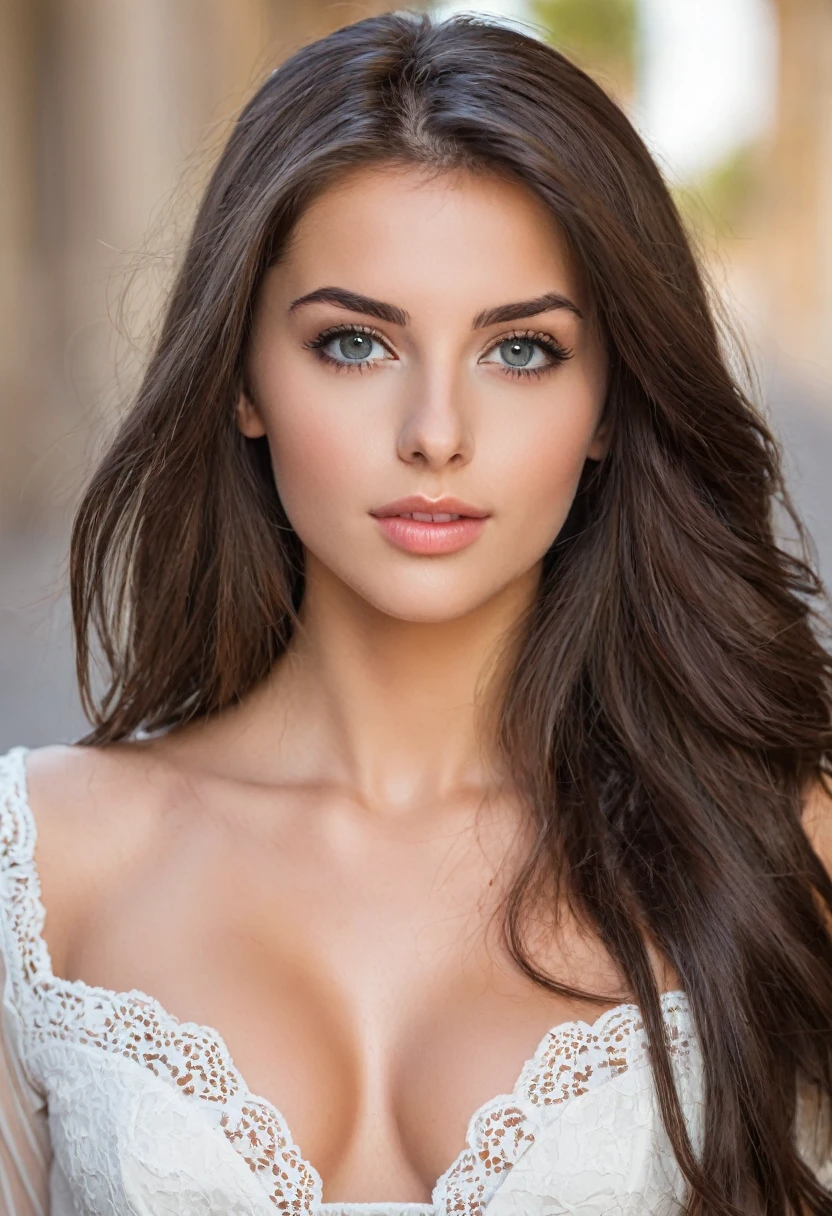 (Lidiia Filippova:1.2), (Keilih Stafford:0.9), (Felicity Fey:0.5), a pretty young woman, Close-up of a long-haired woman wearing a black and white top, Beautiful face and perfect skin, Very beautiful face, Perfect face and eyes, Perfect face close-up, Brown hair and big eyes, Woman with beautiful face, Gorgeous and attractive face, Attractive beautiful face, Beautiful perfect face, Brown Hair Girl, Beautiful Woman Photos, Beautiful face in every detail, Showing off in a lace blue bra, Large Breasts、Cleavage