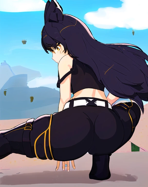 blake belladonna, long hair, black hair, (yellow eyes:1.5), bow, hair bow, black bow, long hair, bangs,wide hips, bubble butt, sitting on the ground, beautiful anime girl squatting, the anime girl is crouching, badass pose, bending over, most strongest pose, thicc, thick tail, badass anime 8 k, (masterpiece:1.2), best quality, high resolution, unity 8k wallpaper, (illustration:0.8), (beautiful detailed eyes:1.6), extremely detailed face, perfect lighting, extremely detailed CG, (perfect hands, perfect anatomy),