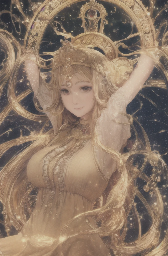 best quality, masterpiece, upper body,
(adult:1.6) hungarian woman, (smirk:0.4), arms behind head,
braided golden hair,
sparkling eyes,
victorian sundress,
 floating light particles, centered, 