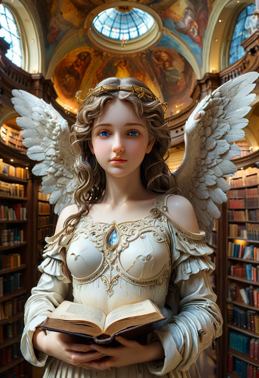 (close up of angel), classical style, a wise angel gently browses through ancient books under the dome of the library. Her eyes sparkle with wisdom, surrounded by a symbol of the soul seeking knowledge. The background is a library full of bookish fragrance, and the camera is a close-up shot, showcasing the angel's peace and wisdom, wings, full body, (Photography), panoramic view, award-winning, cinematic still, emotional, vignette, dynamic, vivid, (masterpiece, best quality, Professional, perfect composition, very aesthetic, absurdres, ultra-detailed, intricate details:1.3)