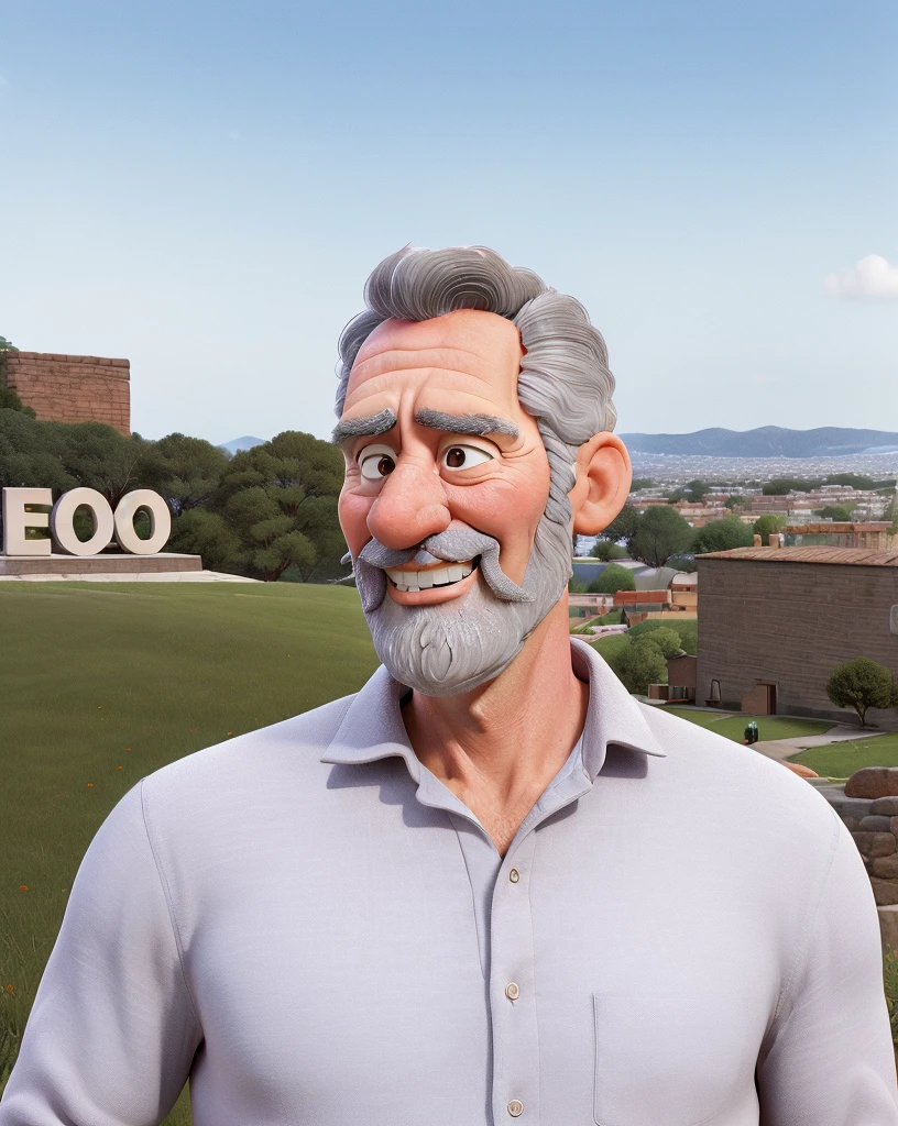 59 years old gray hair, gray beard with a big nose like Pinocchio