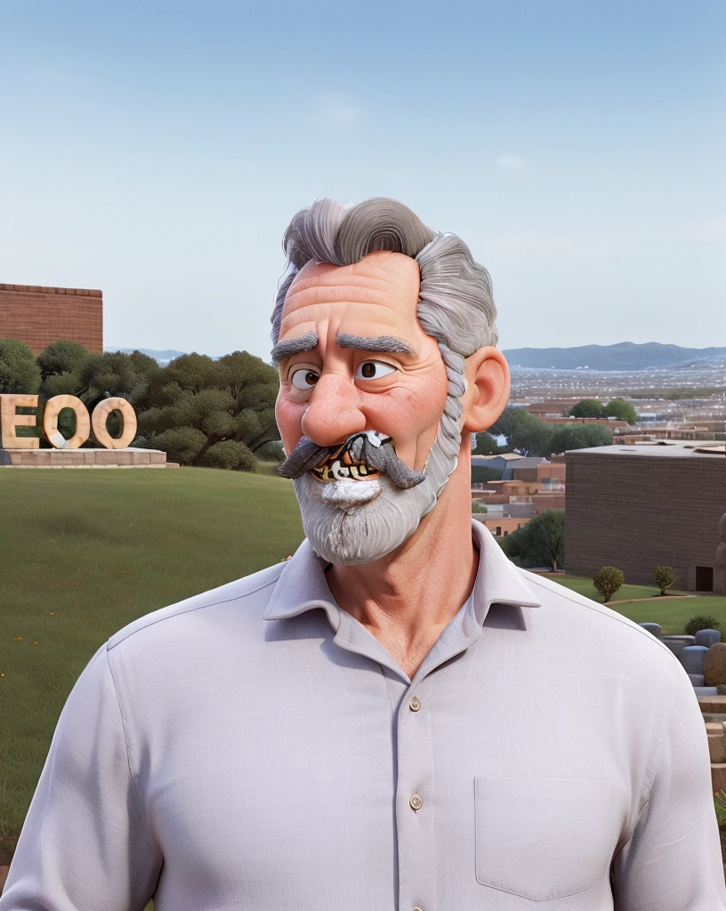 59 years old gray hair, gray beard with a big nose like Pinocchio