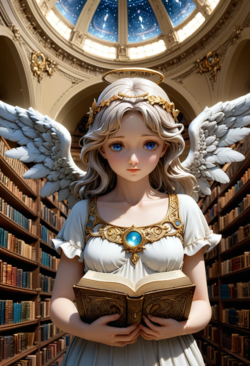 (close up of angel), classical style, a wise angel gently browses through ancient books under the dome of the library. Her eyes sparkle with wisdom, surrounded by a symbol of the soul seeking knowledge. The background is a library full of bookish fragrance, and the camera is a close-up shot, showcasing the angel's peace and wisdom, wings, full body, (Photography), panoramic view, award-winning, cinematic still, emotional, vignette, dynamic, vivid, (masterpiece, best quality, Professional, perfect composition, very aesthetic, absurdres, ultra-detailed, intricate details:1.3)