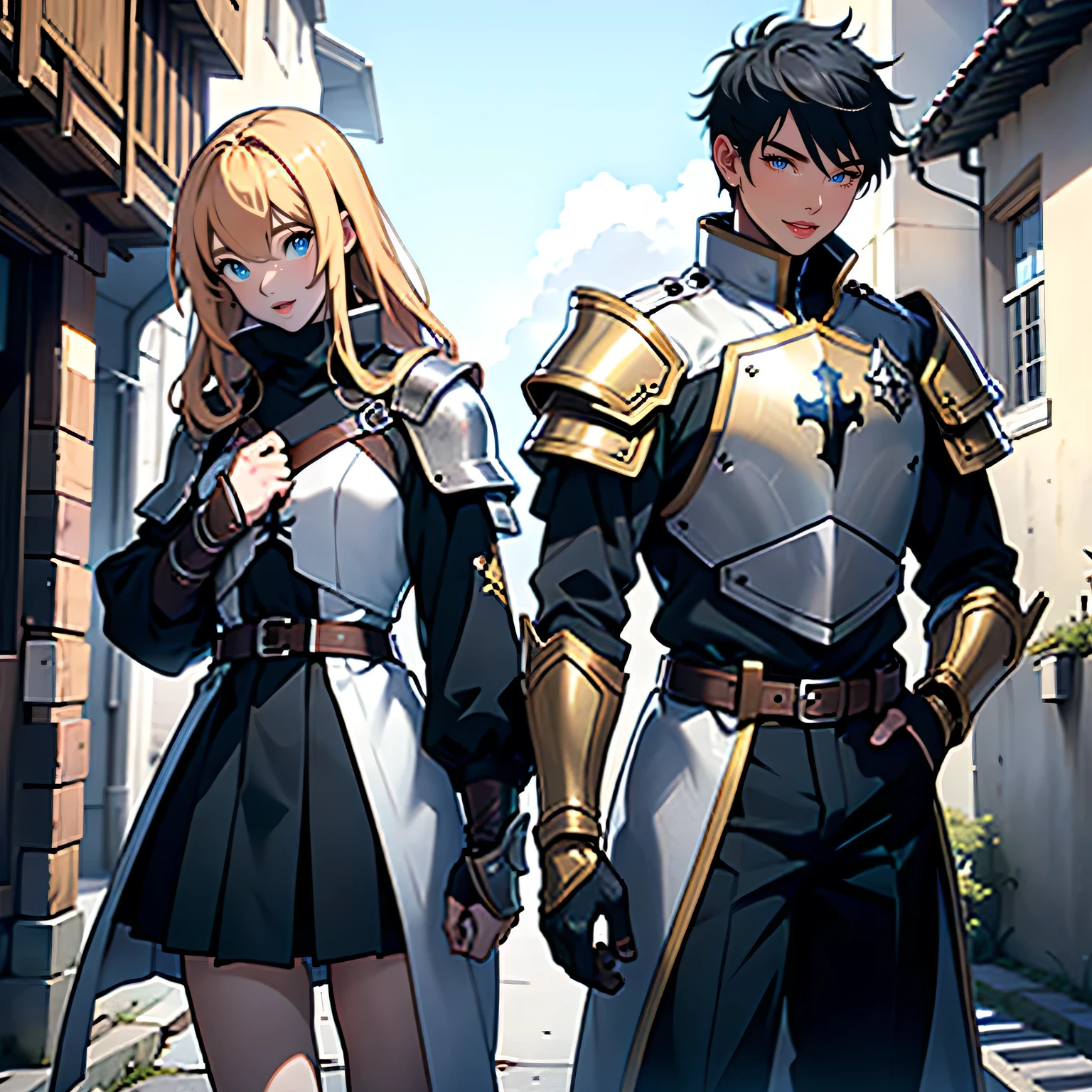 Make some images using the anime drawing technique. Make the image of a age boy and a teengirl dressed in armor, they are back to back, one looking to the left and the other to the right, both wearing Templar armor from the Middle Ages with a cross on the chest and colored blue and yellow, both should be looking up. They have a large wall behind them. Make the design proportion 1:1 and the American plane (from the knee up). Use four colors to generate the image.