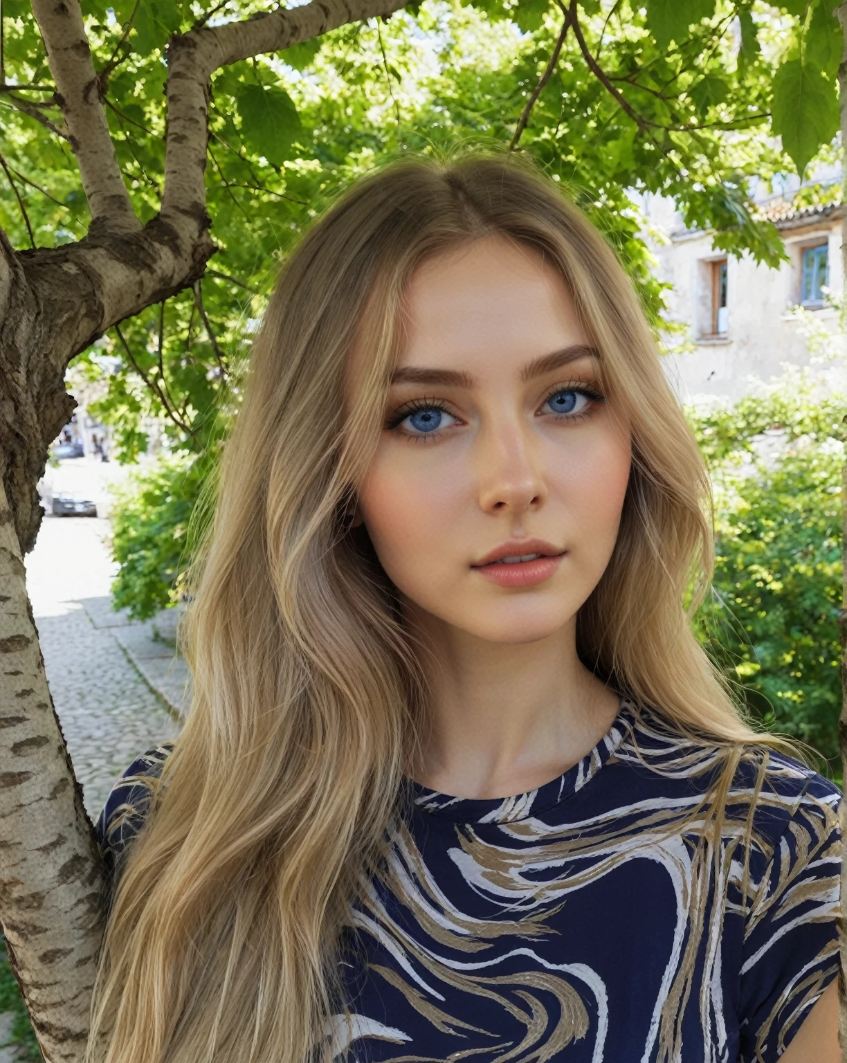 blonde woman with long hair and blue eyes standing in front of a tree, Portrait Sophie Mudd, Dasha Taran, Anna Nikonova aka Newmilky, Style of Julia Razumova, Sidney Sweeney, Anastasia Ovchinnikova, Julia Gorokhova, Yelena Belova, Angelina Stroganova, Perfect face )
