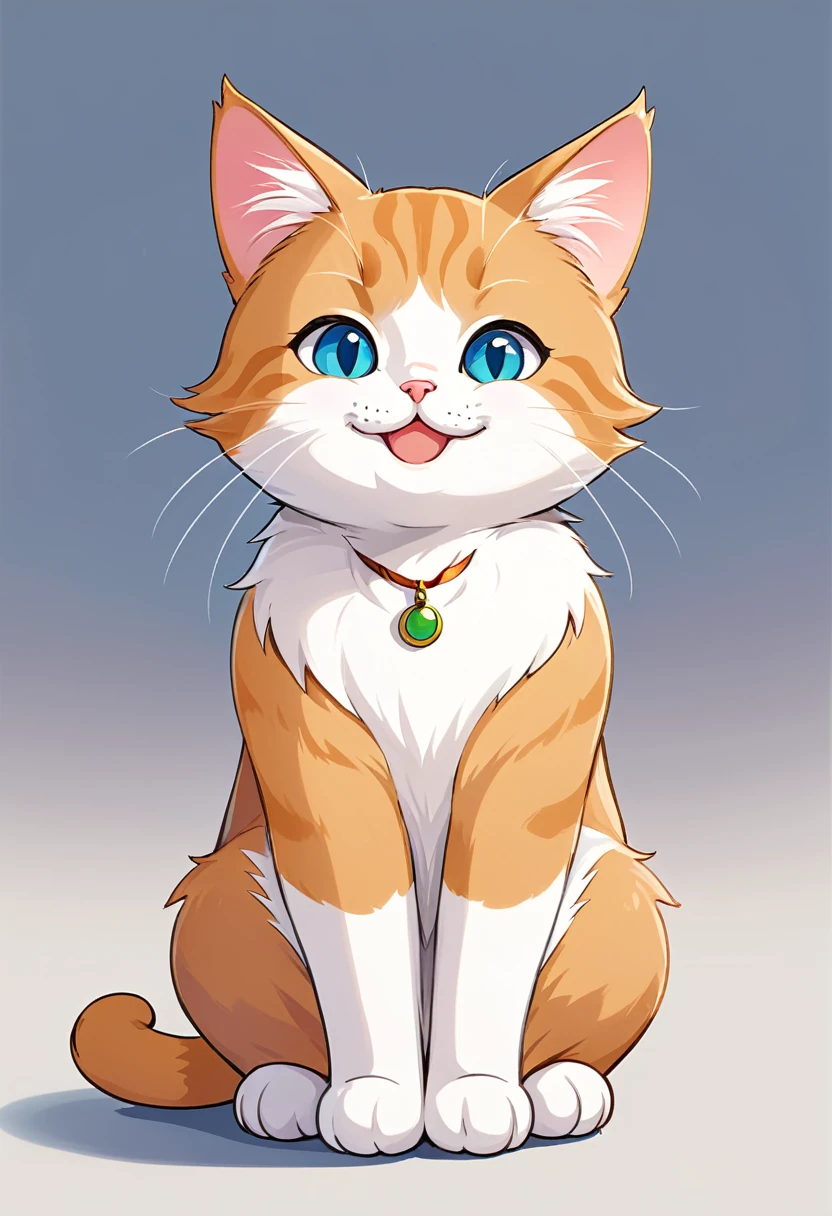 In the style of TOK, cute cat, cartoon cat, smiling, looking at the viewer, sitting, simple background